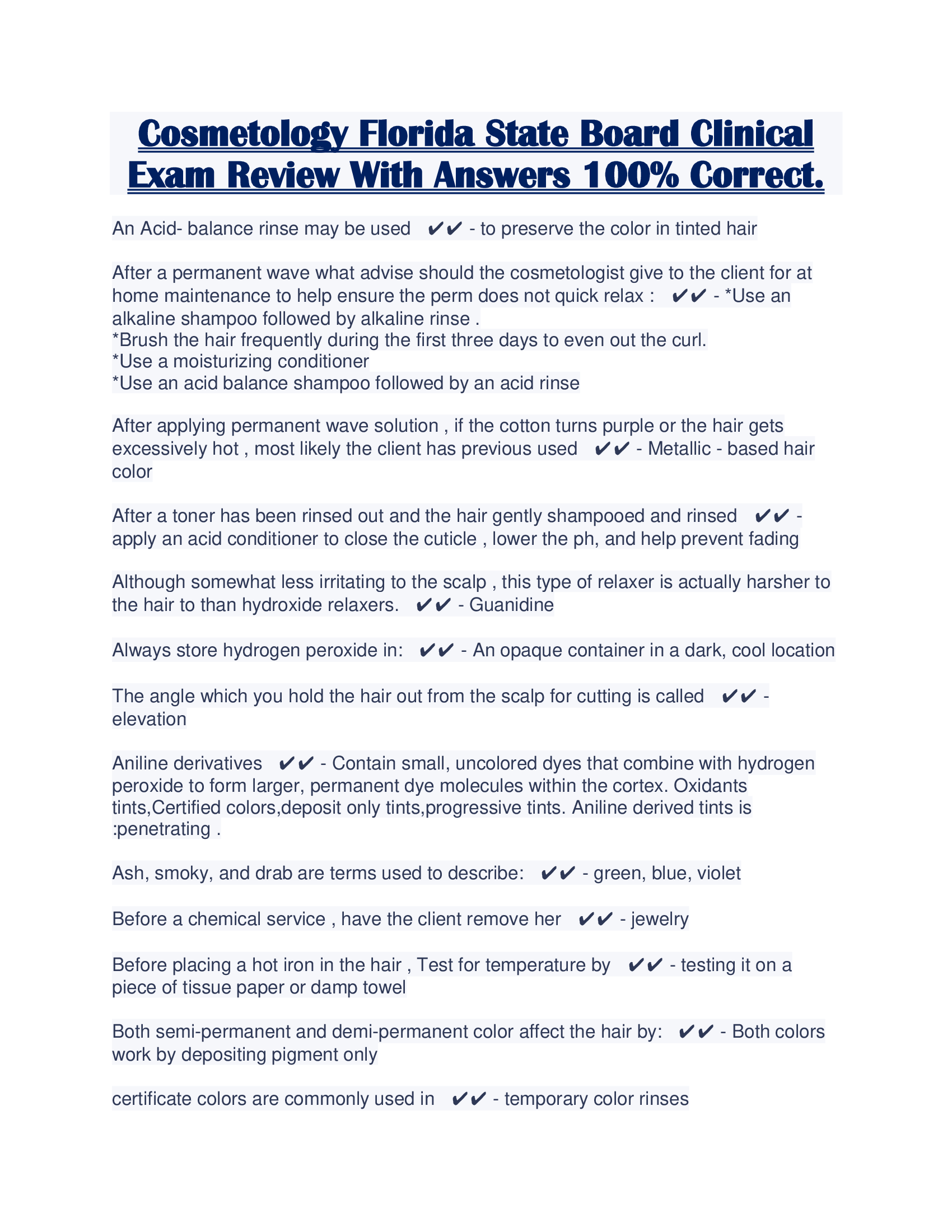 Cosmetology Florida State Board Clinical Exam Review With Answers 100% Correct.