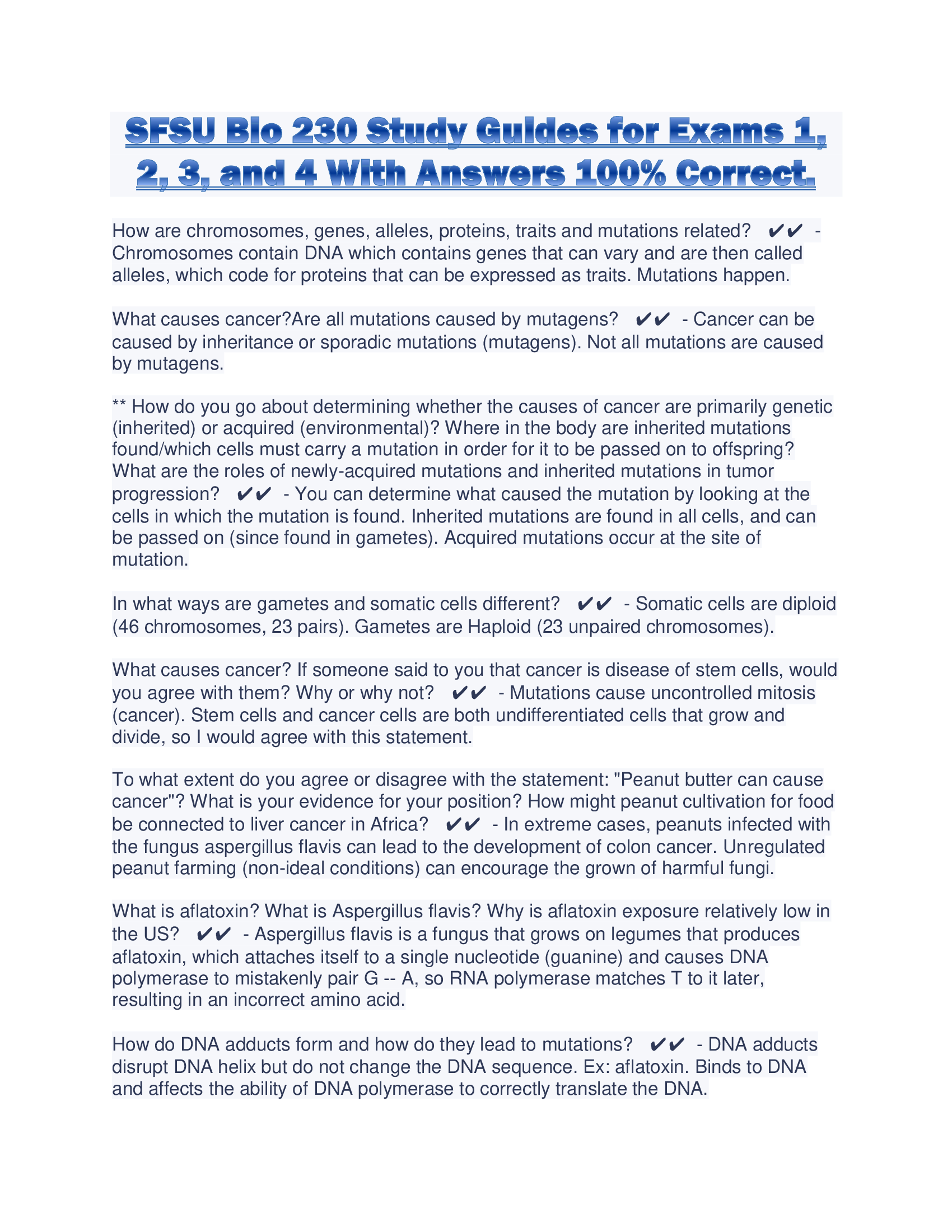 SFSU Bio 230 Study Guides for Exams 1, 2, 3, and 4 With Answers 100% Correct.