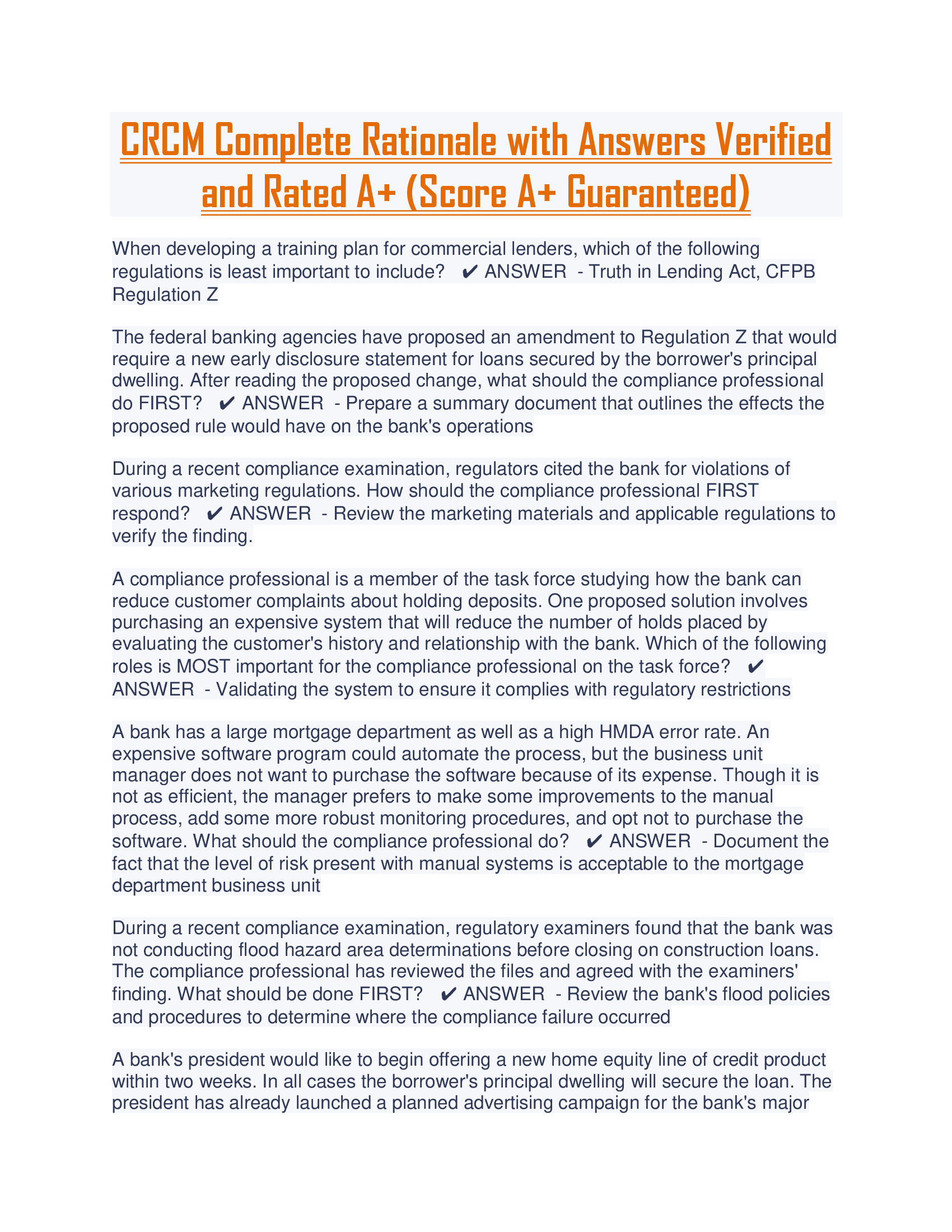 CRCM Complete Rationale with Answers Verified and Rated A+ (Score A+ Guaranteed)