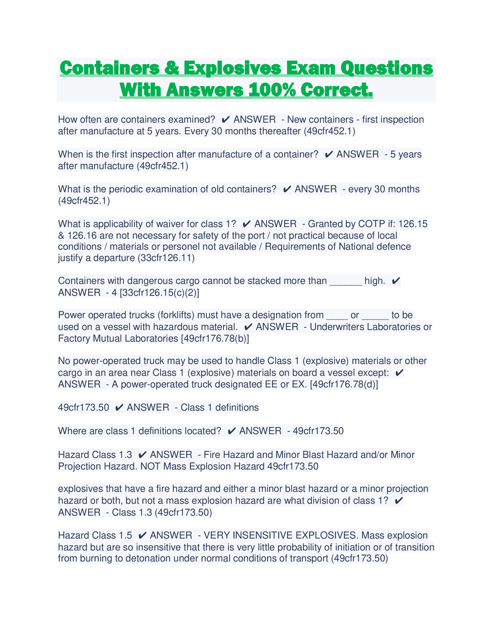 Containers & Explosives Exam Questions With Answers 100% Correct.