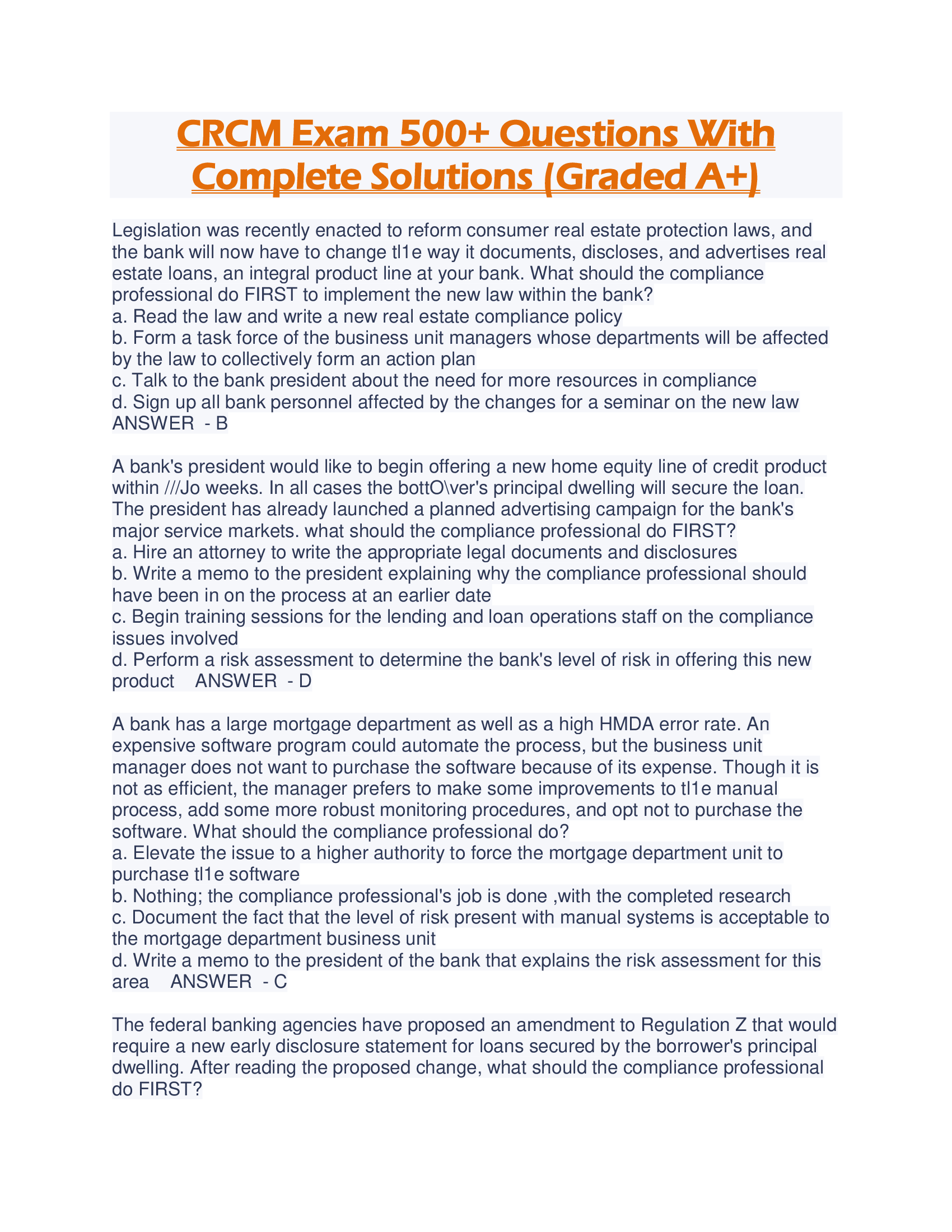 CRCM Exam 500+ Questions With Complete Solutions (Graded A+)