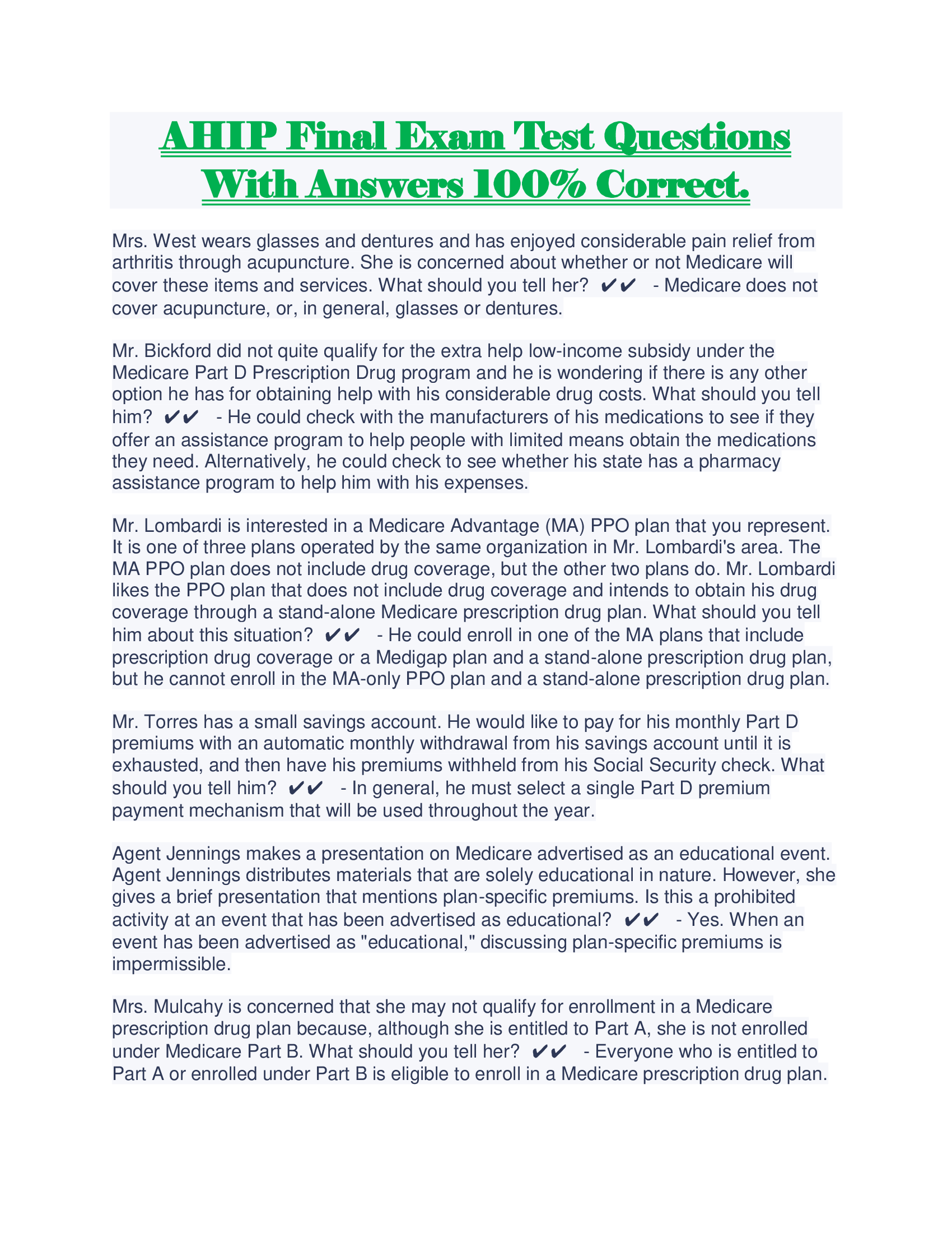 AHIP Final Exam Test Questions With Answers 100 Percent Correct.