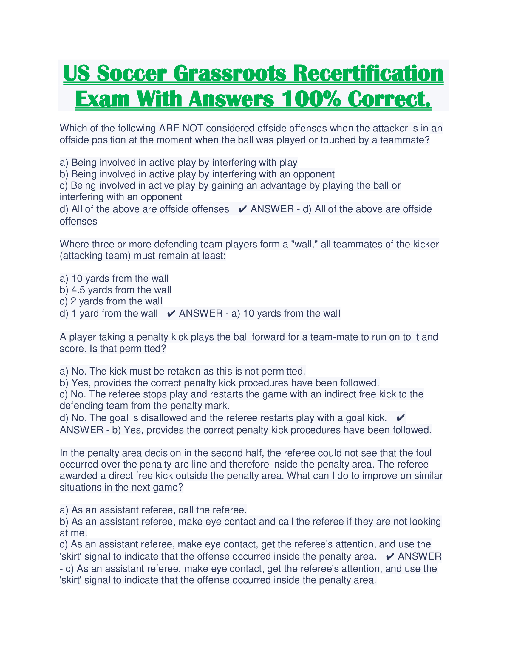 US Soccer Grassroots Recertification Exam With Answers 100% Correct.
