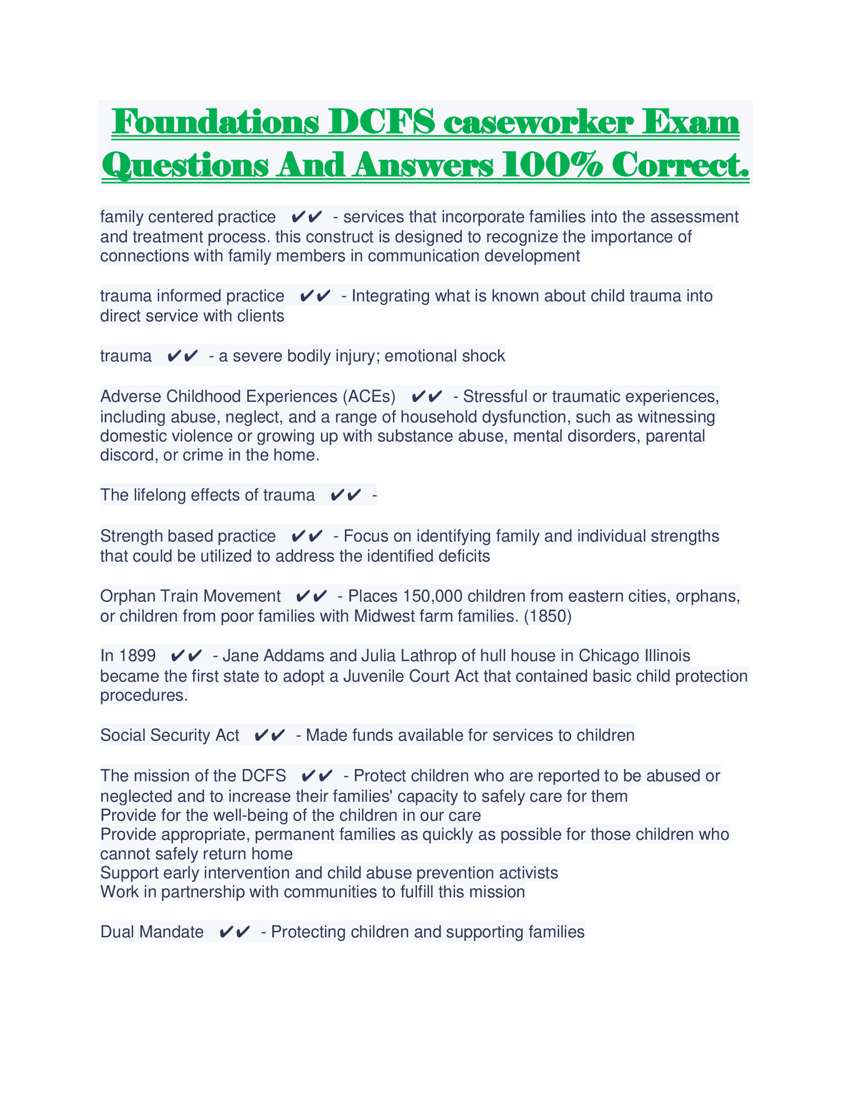Foundations DCFS caseworker Exam Questions And Answers 100% Correct.