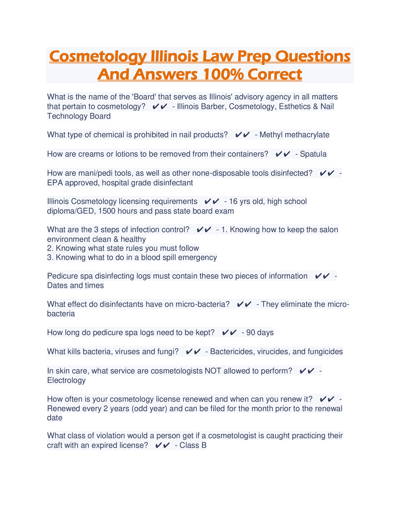 Cosmetology Illinois Law Prep Questions And Answers 100% Correct