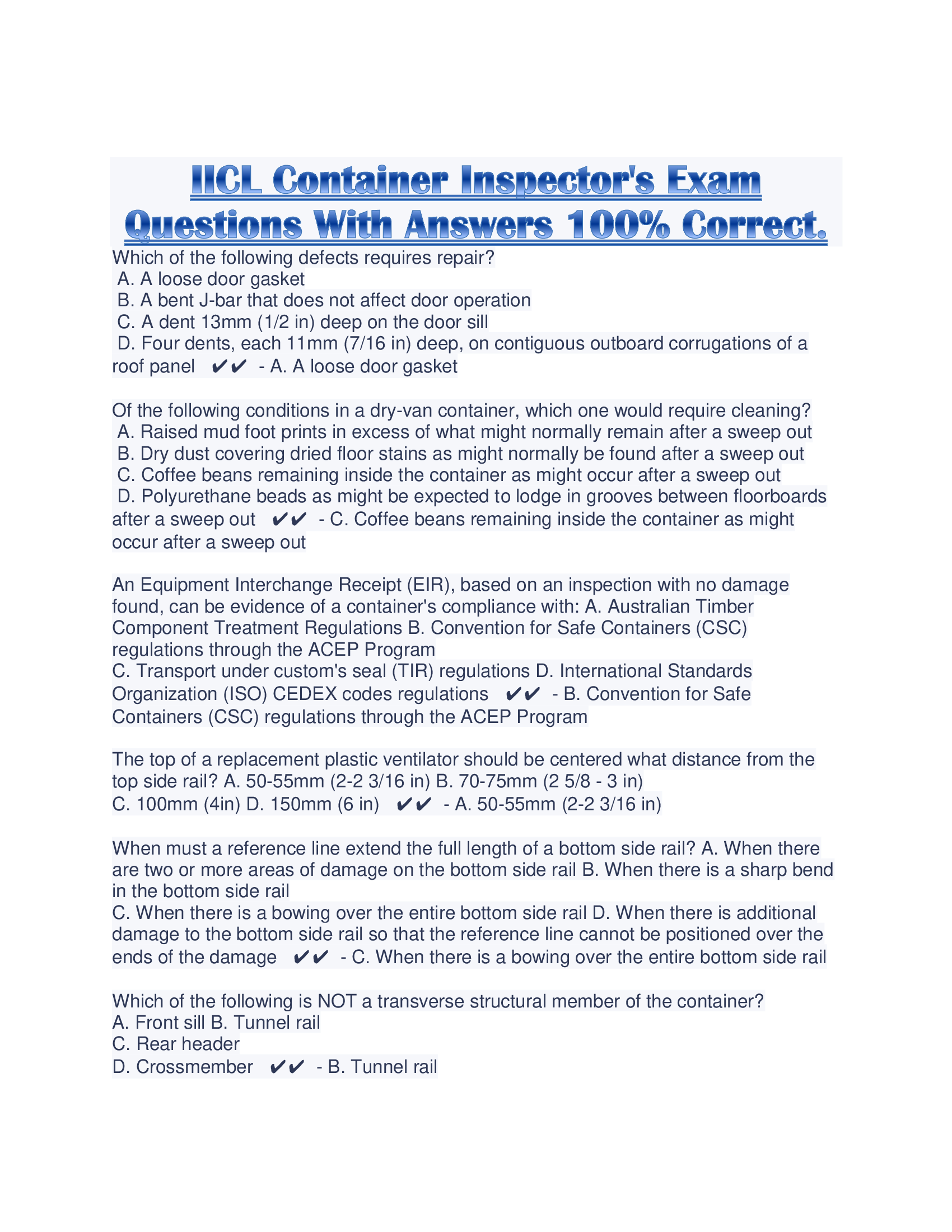 IICL Container Inspectors Exam Questions With Answers