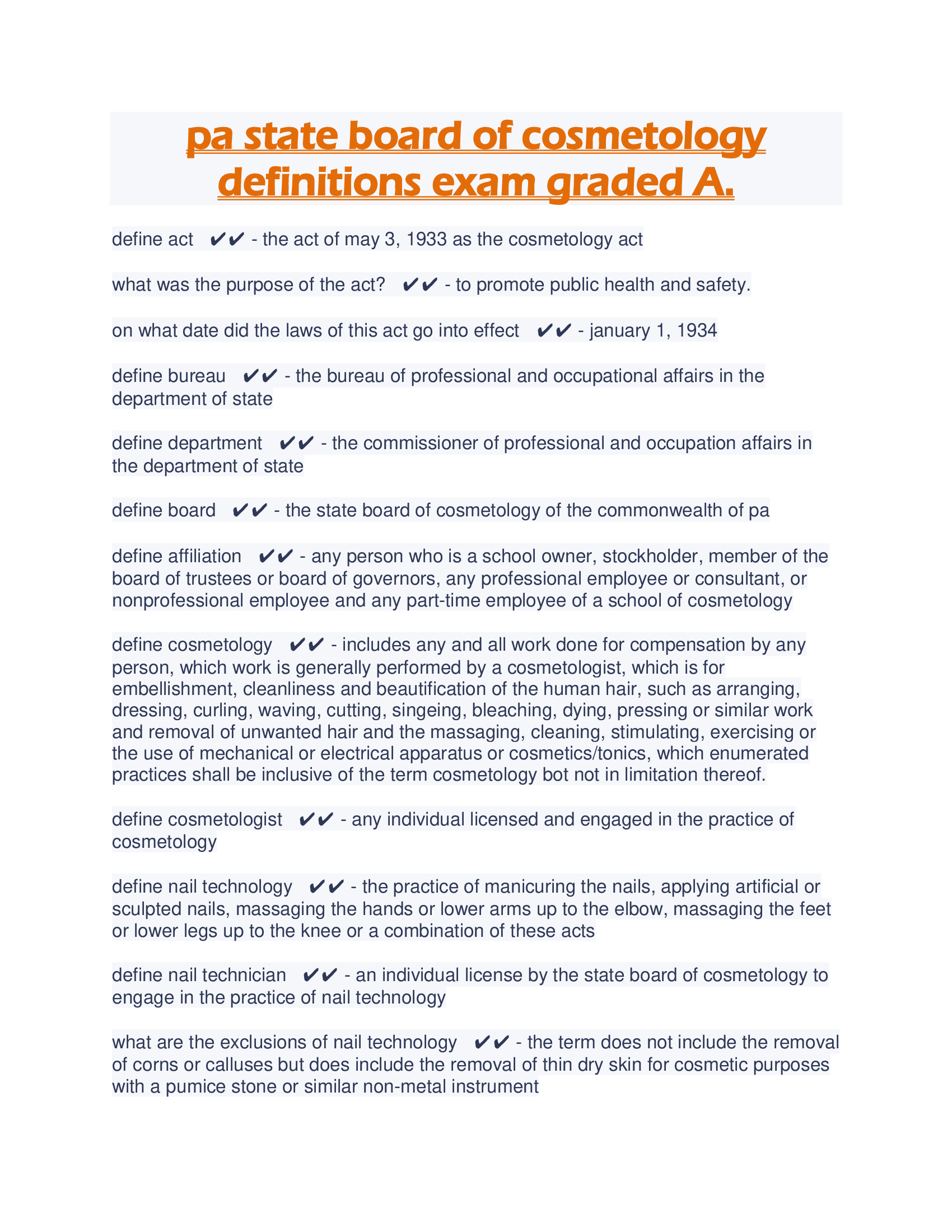 pa state board of cosmetology definitions exam graded A.