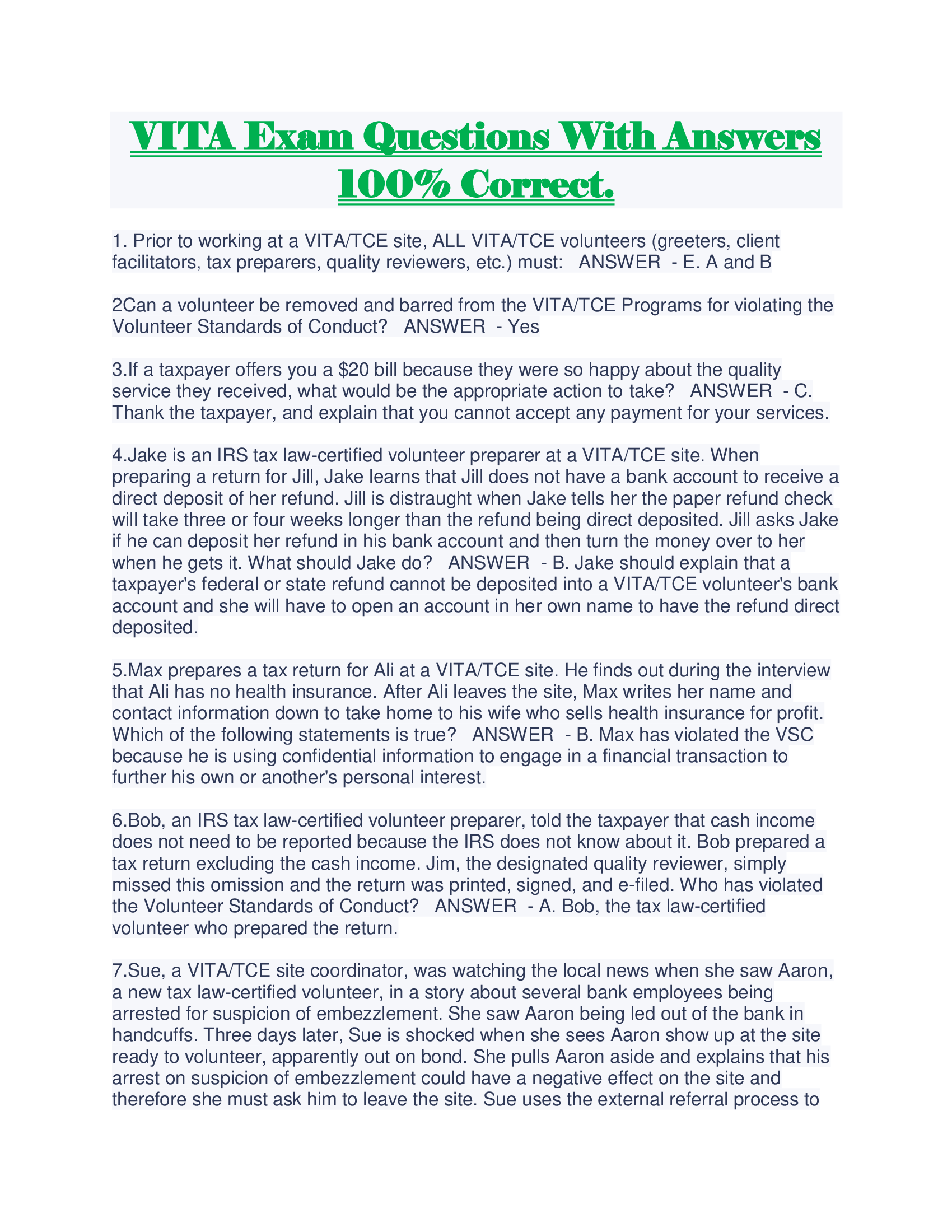 VITA Exam Questions With Answers 100 Percent Correct.