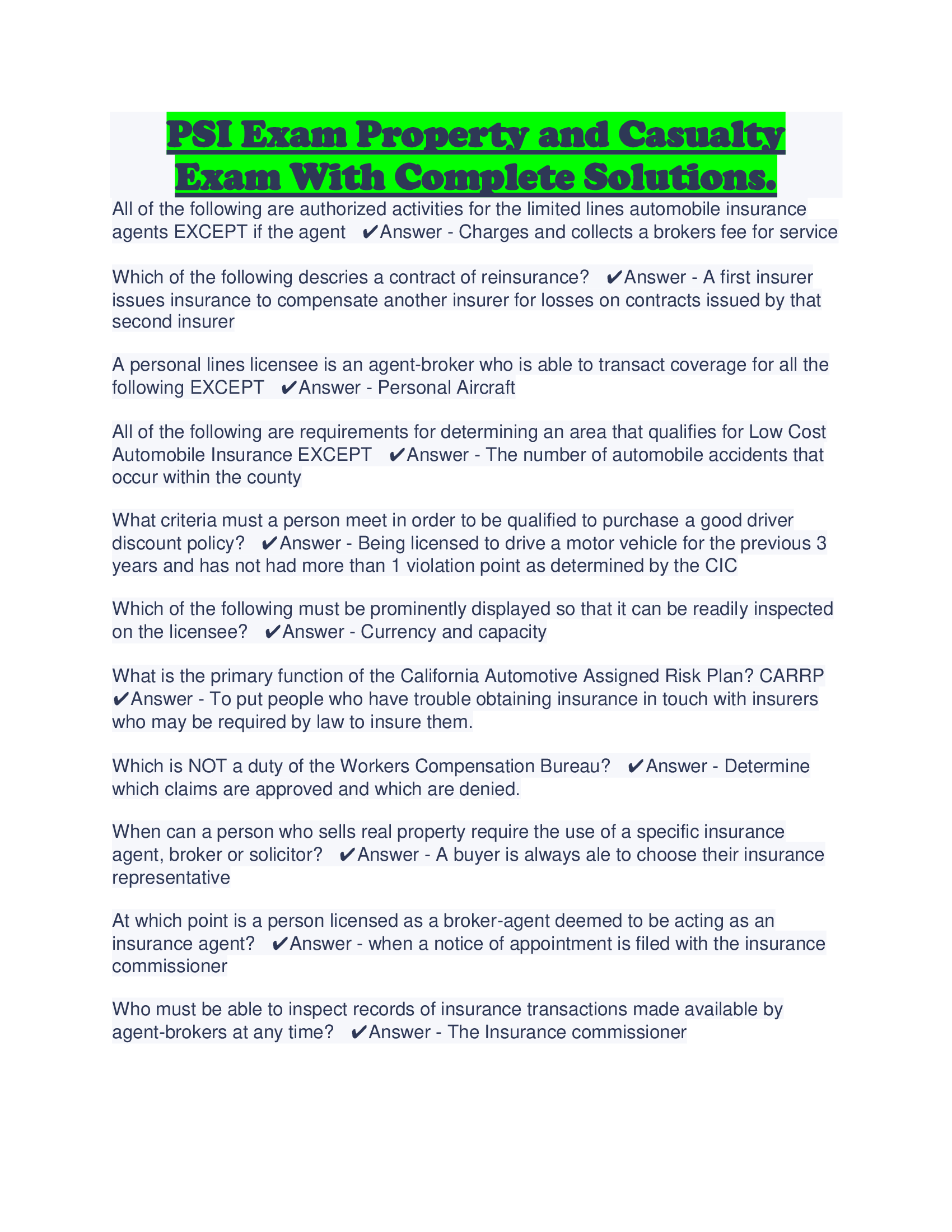 PSI Exam Property and Casualty Exam With Complete Solutions.