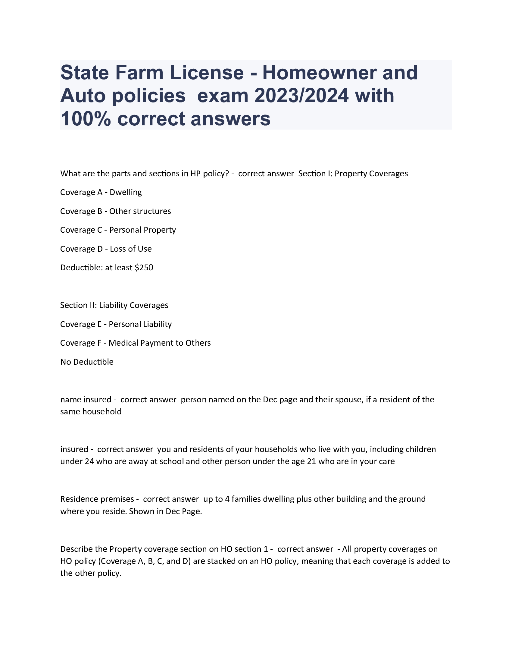 State Farm License - Homeowner and Auto policies  exam 2023, 2024 with 100 Percent correct answers