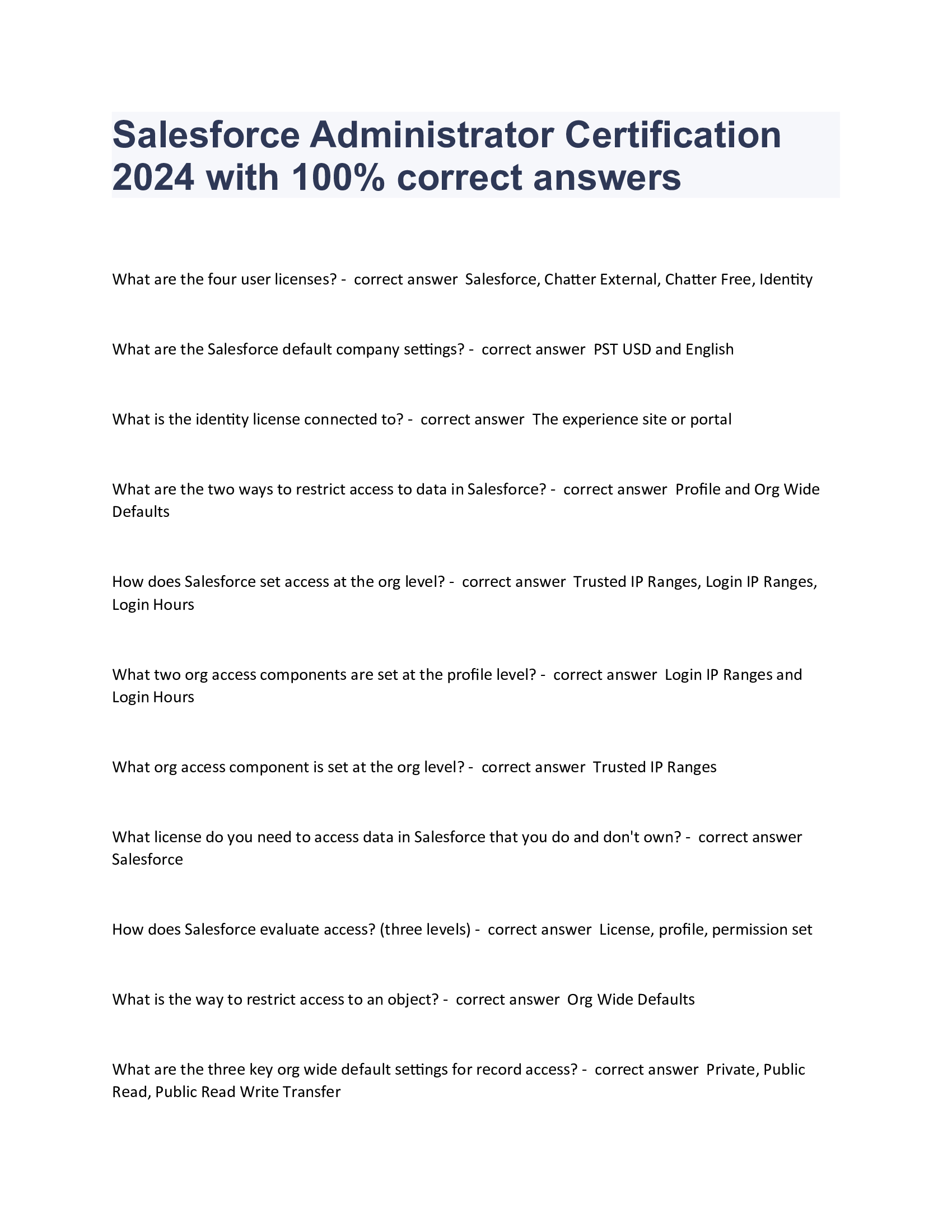 Salesforce Administrator Certification 2024 with 100% correct answers