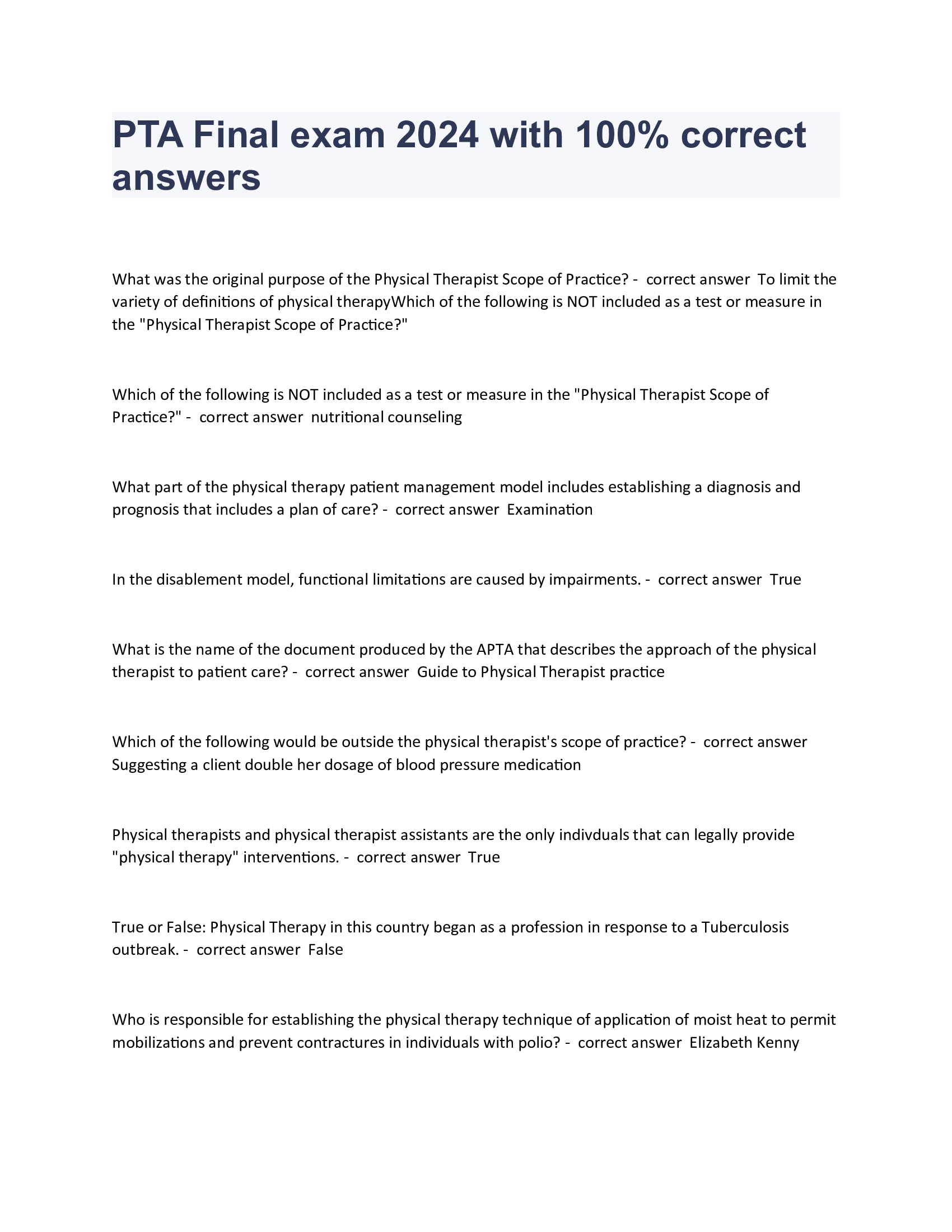 PTA Final exam 2024 with correct answers