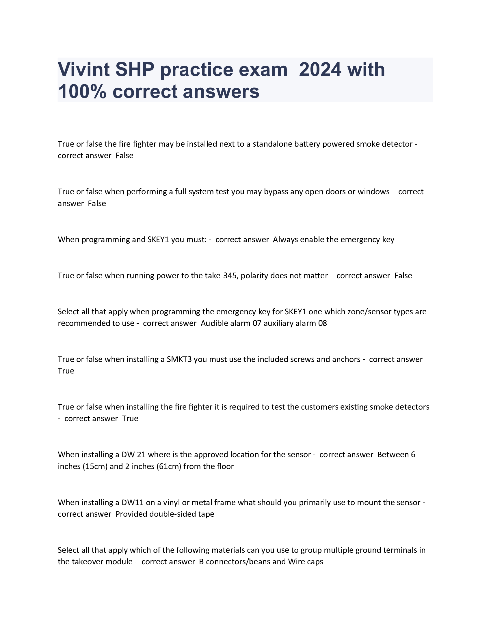 Vivint SHP practice exam  2024 with 100 Percent correct answers