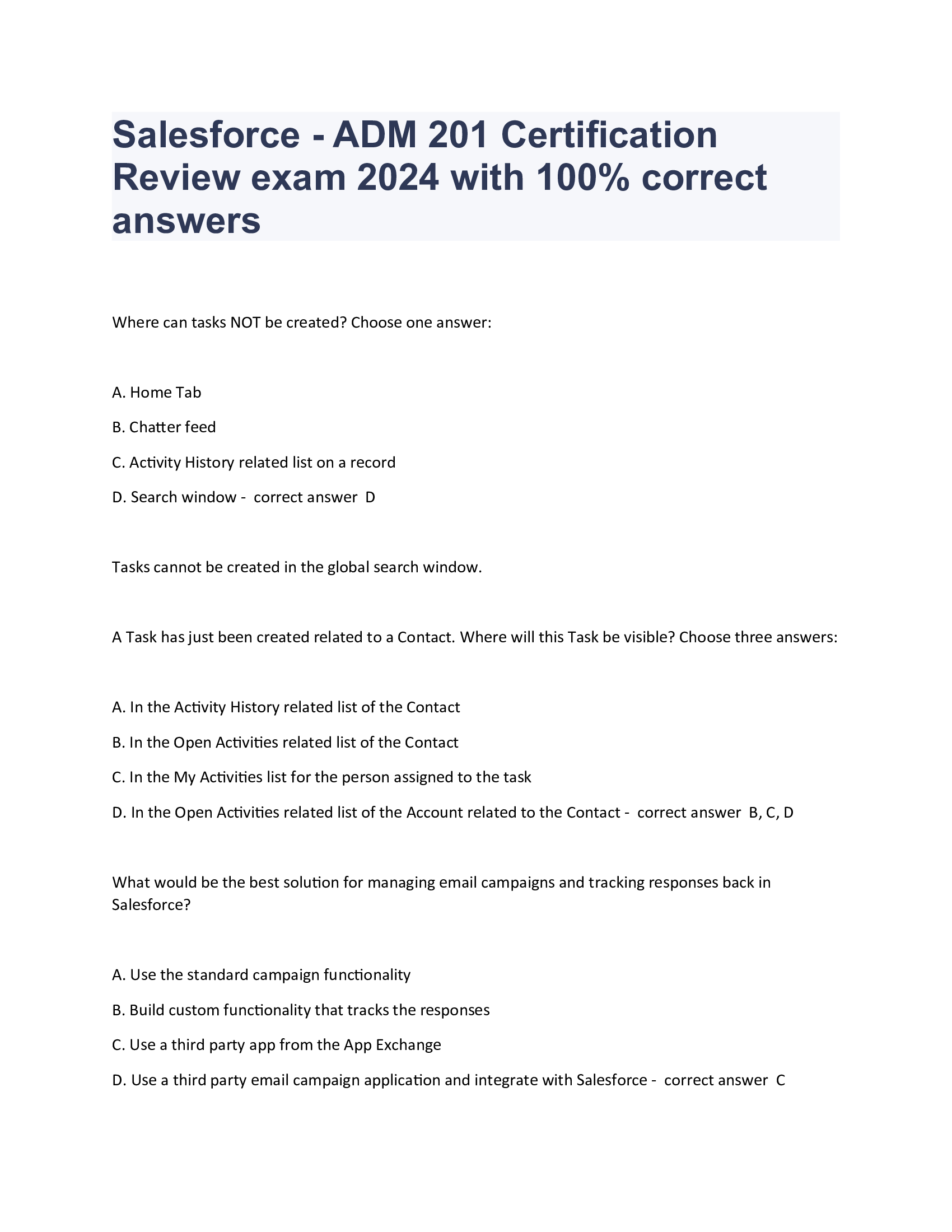 Salesforce - ADM 201 Certification Review exam 2024 with 100% correct answers
