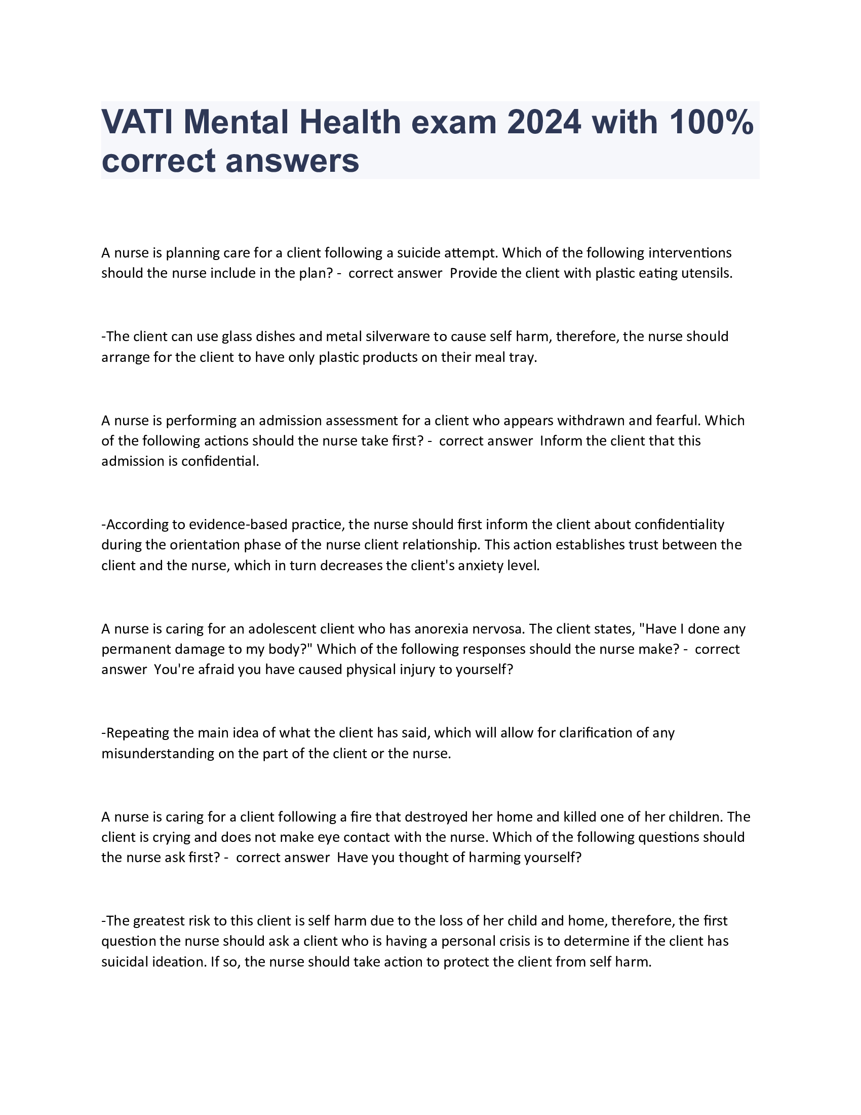 VATI Mental Health exam 2024 with 100 Percent correct answers