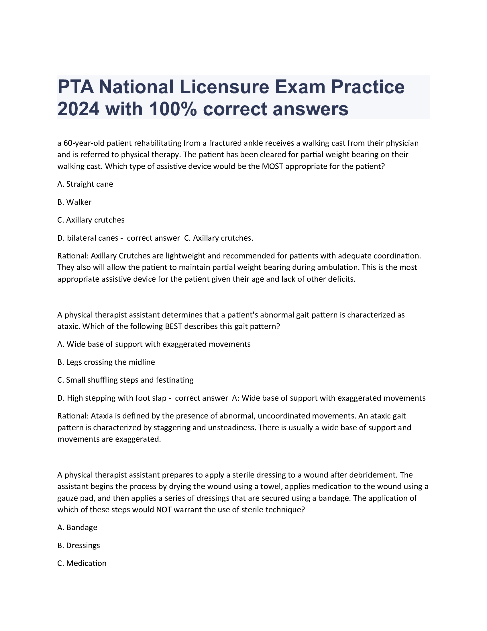 PTA National Licensure Exam Practice 2024 with 100% correct answers