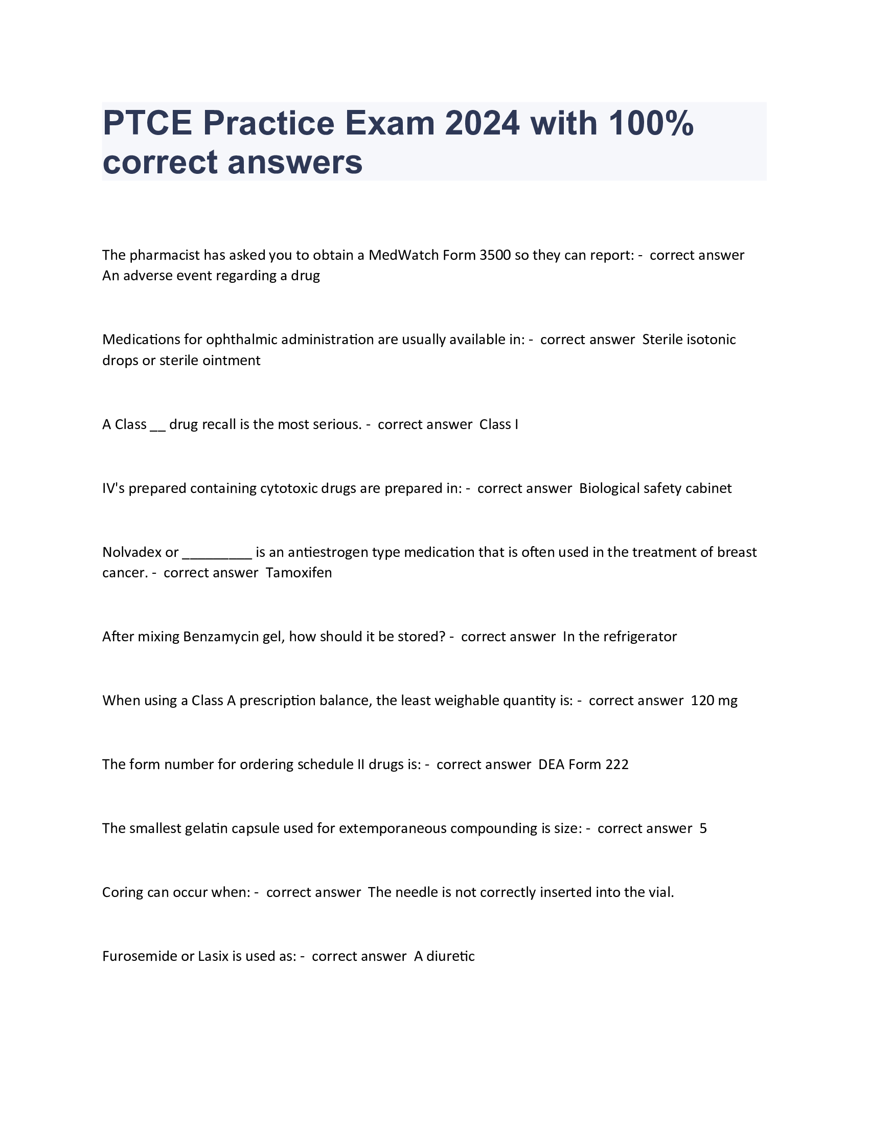 PTCE Practice Exam 2024 with 100 Percent correct answers