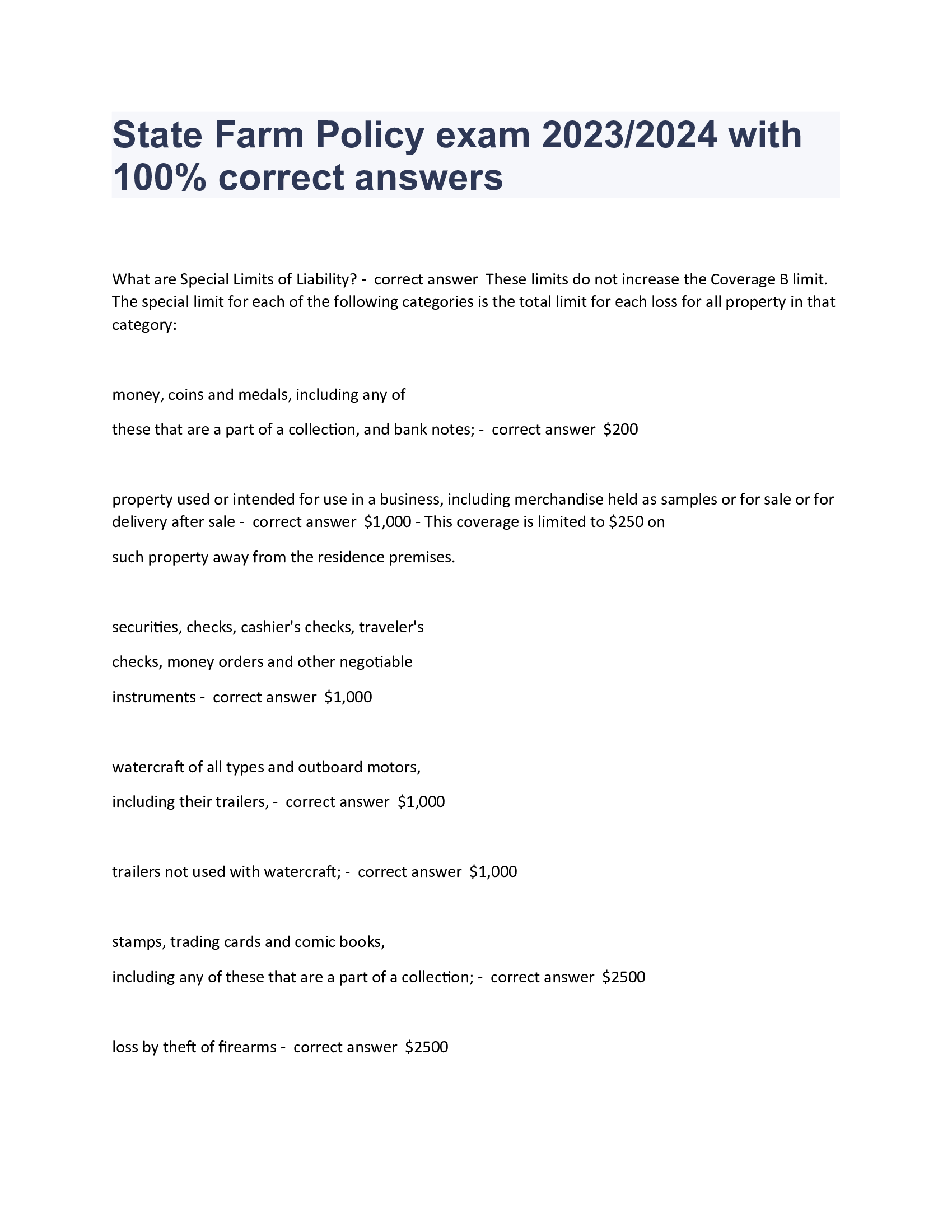 State Farm Policy exam 2023, 2024 with 100 Percent correct answers
