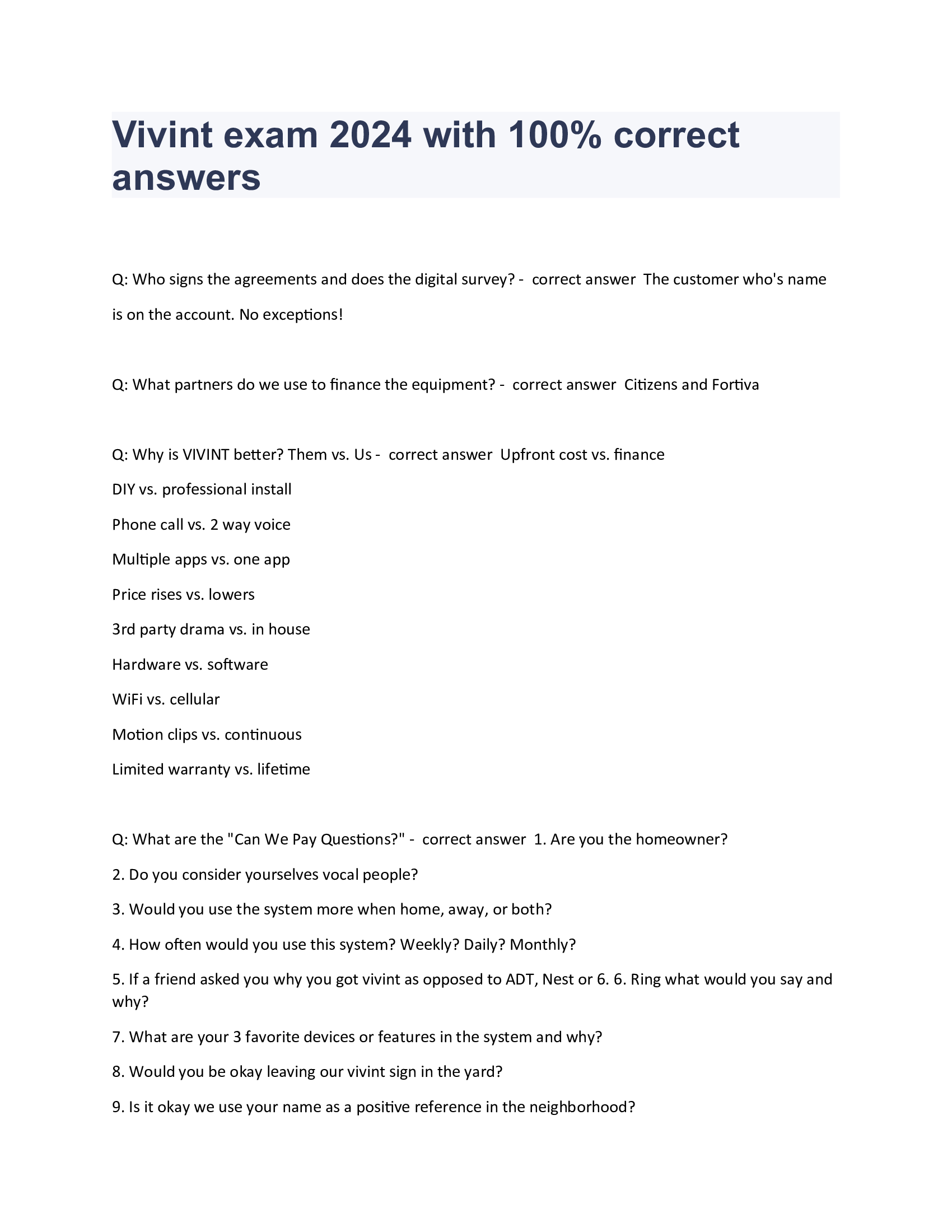 Vivint exam 2024 with 100 Percent correct answers
