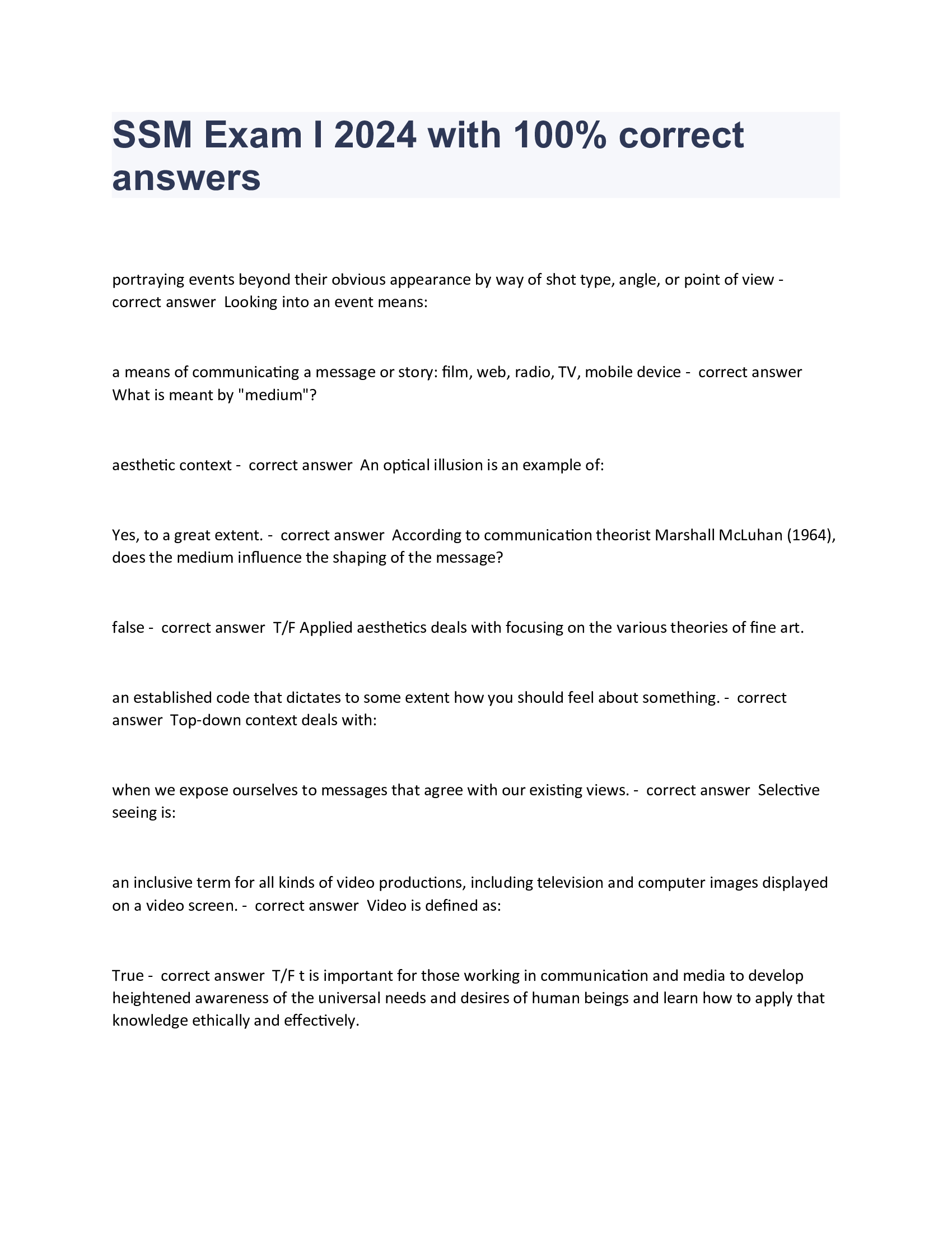 SSM Exam I 2024 with 100 Percent correct answers