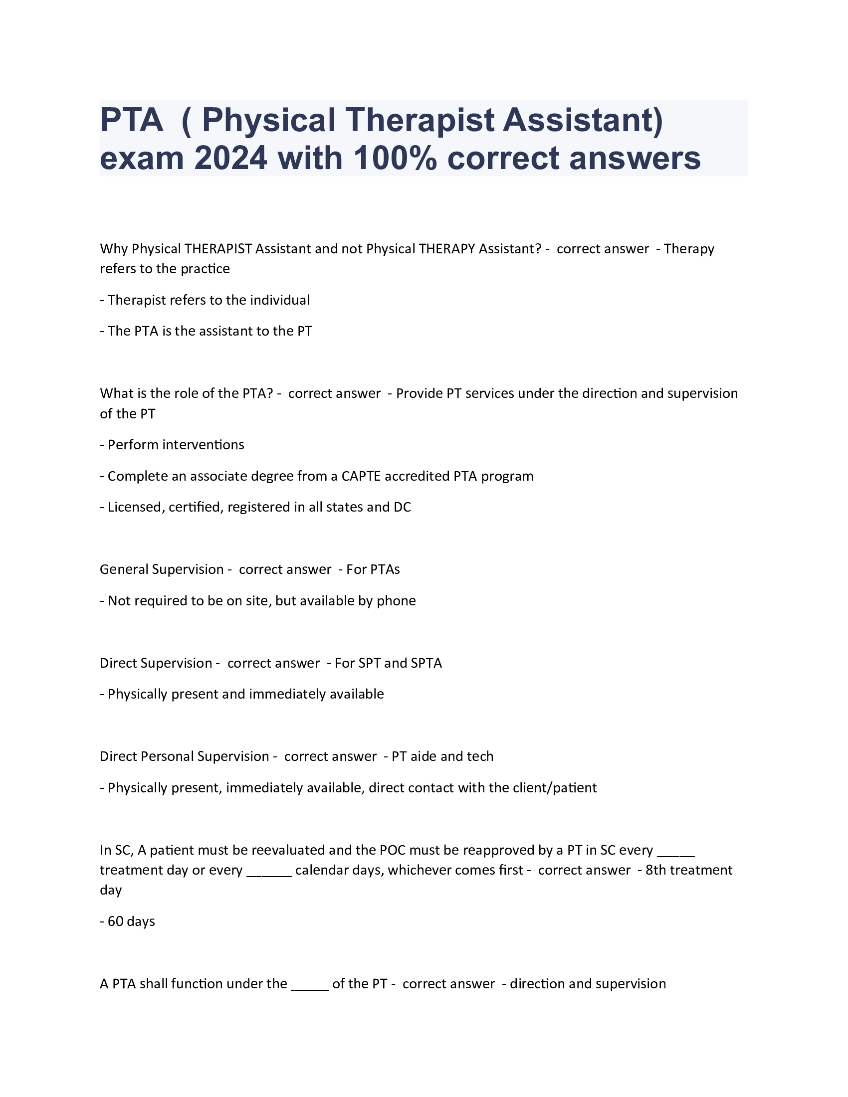 PTA  ( Physical Therapist Assistant) exam 2024 with 100% correct answers