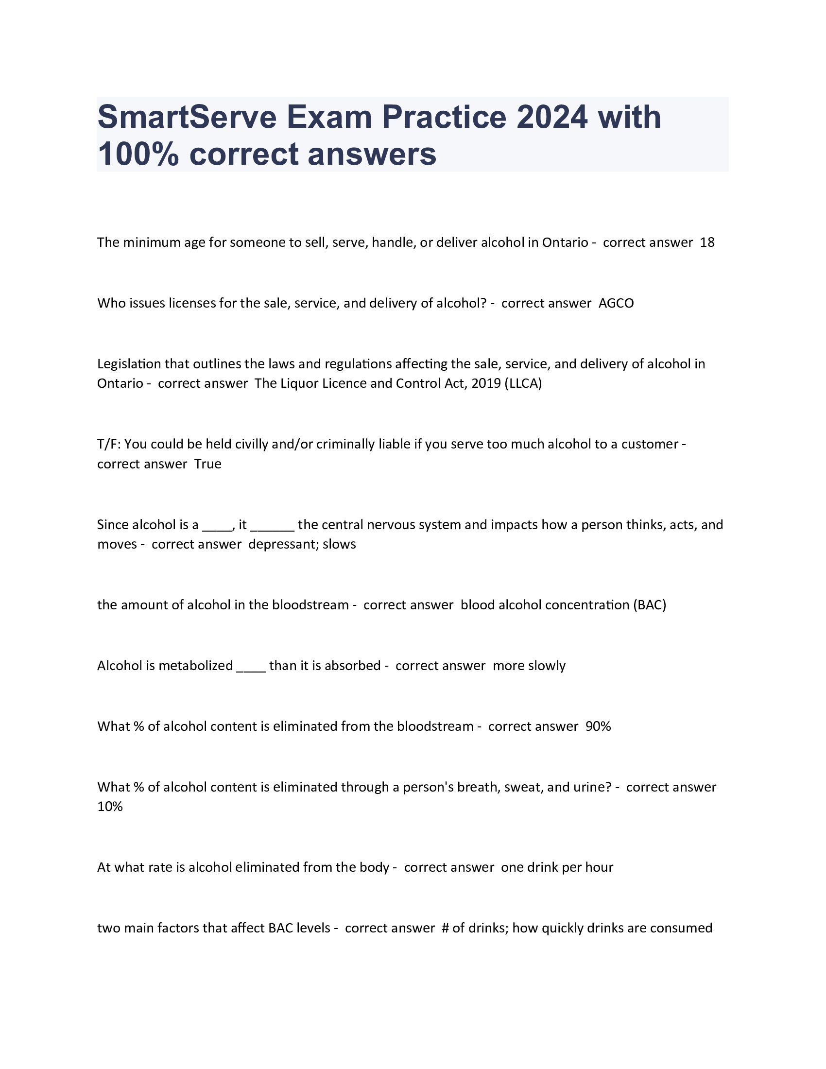 SmartServe Exam Practice 2024 with 100 Percent correct answers