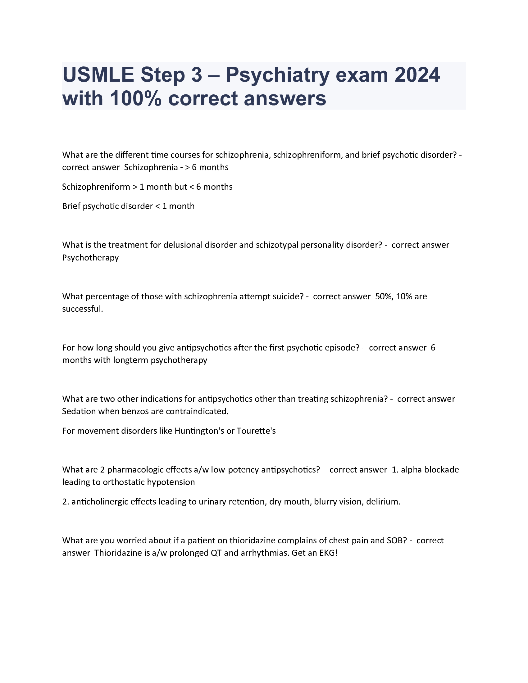 USMLE Step 3 – Psychiatry exam 2024 with 100 Percent correct answers