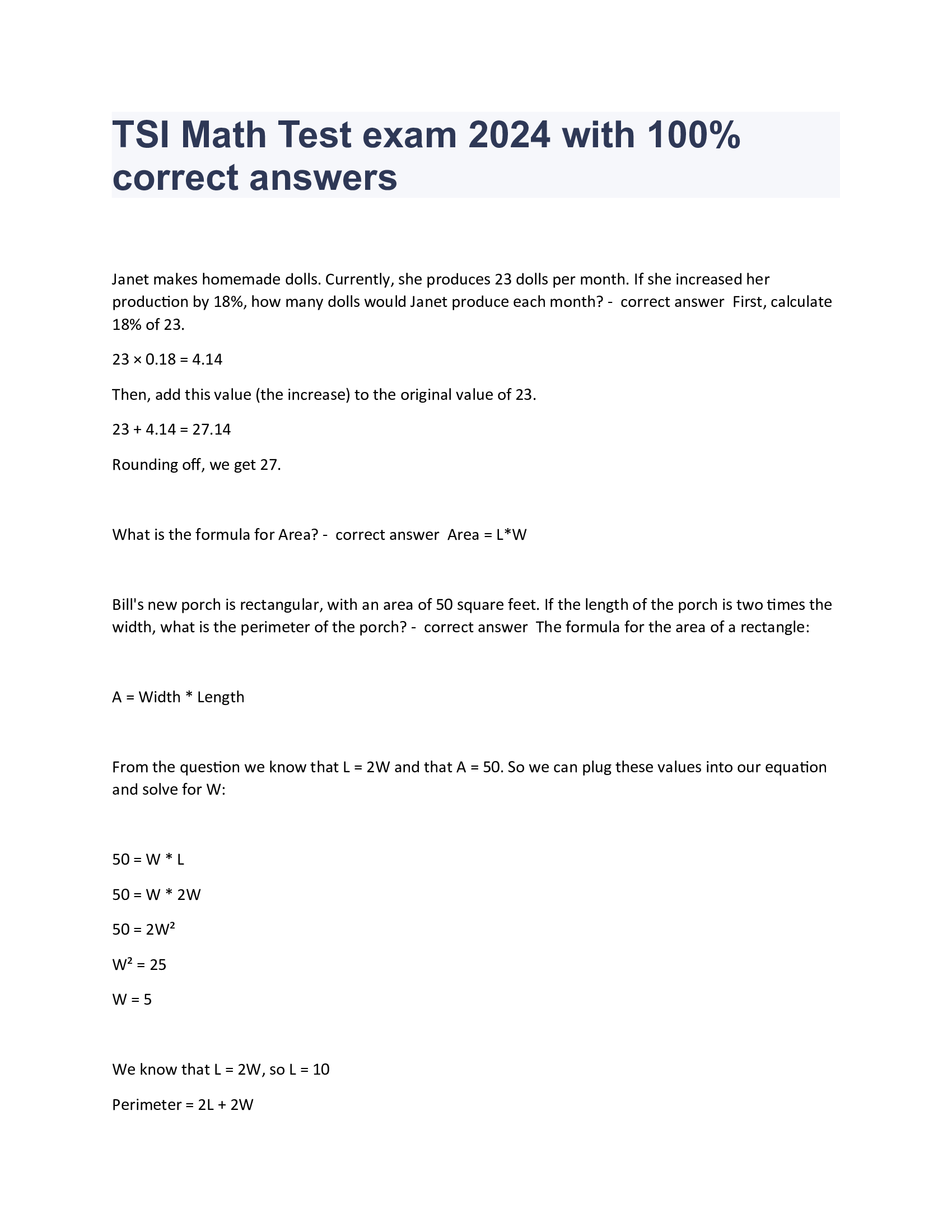 TSI Math Test exam 2024 with 100 Percent correct answers