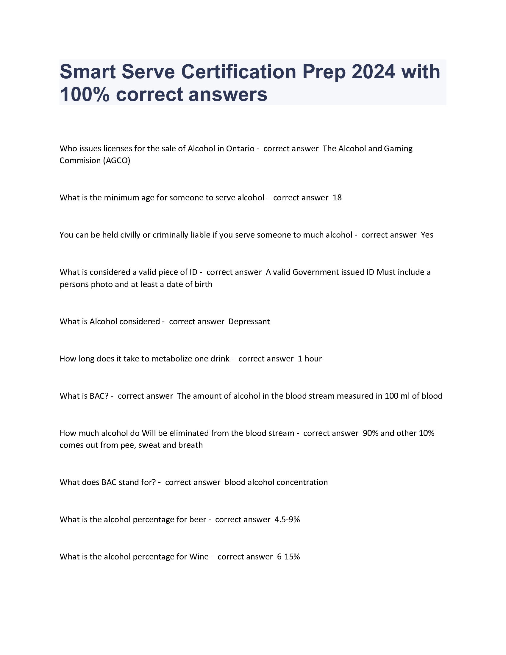 Smart Serve Certification Prep 2024 with 100 Percent correct answers