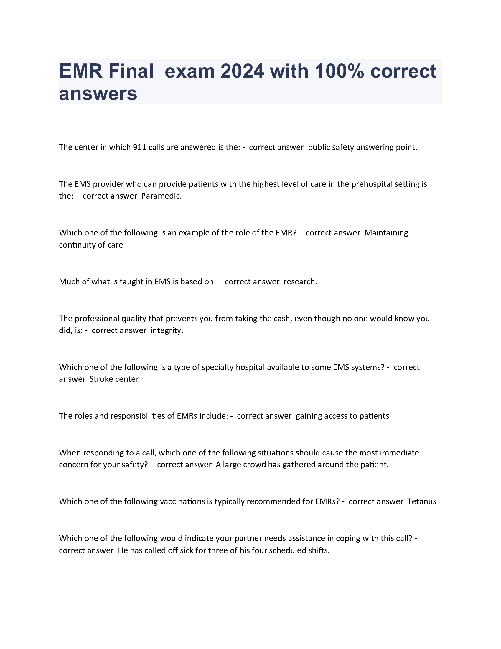 EMR Final  exam 2024 with 100 Percent correct answers