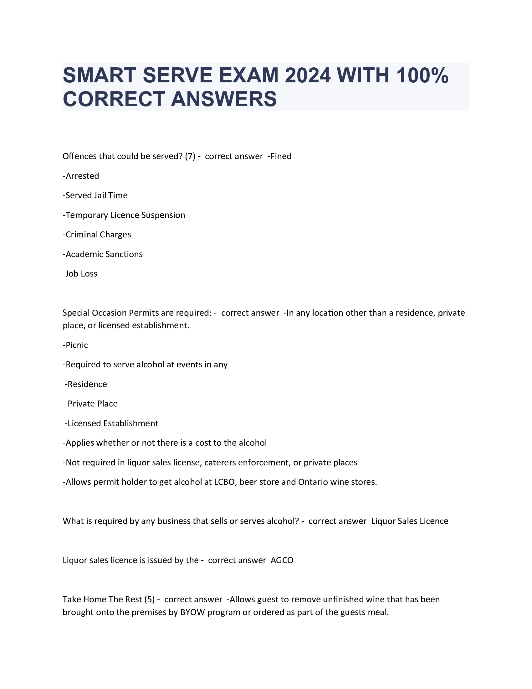 SMART SERVE EXAM 2024 WITH 100  Percent CORRECT ANSWERS