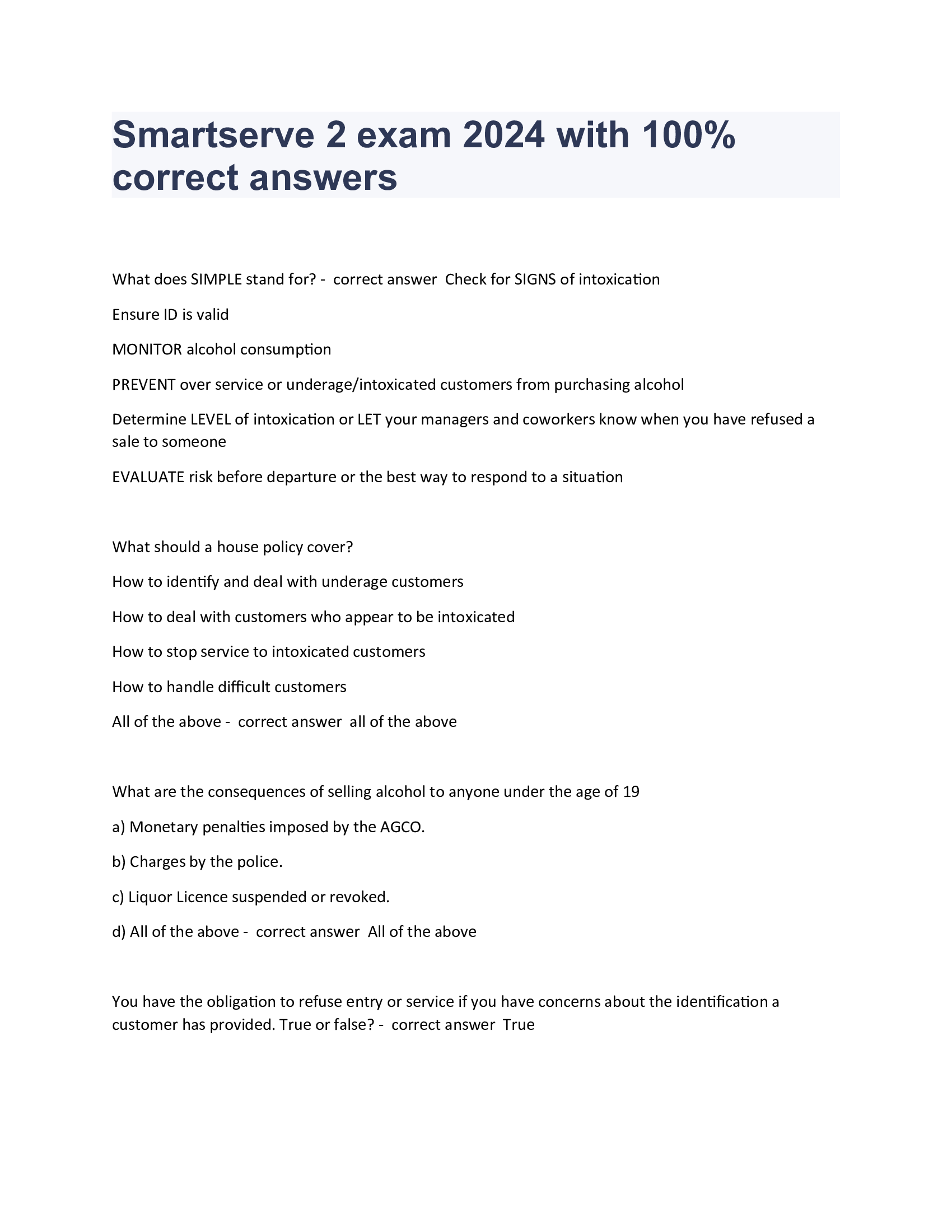 Smartserve 2 exam 2024 with 100 Percent correct answers