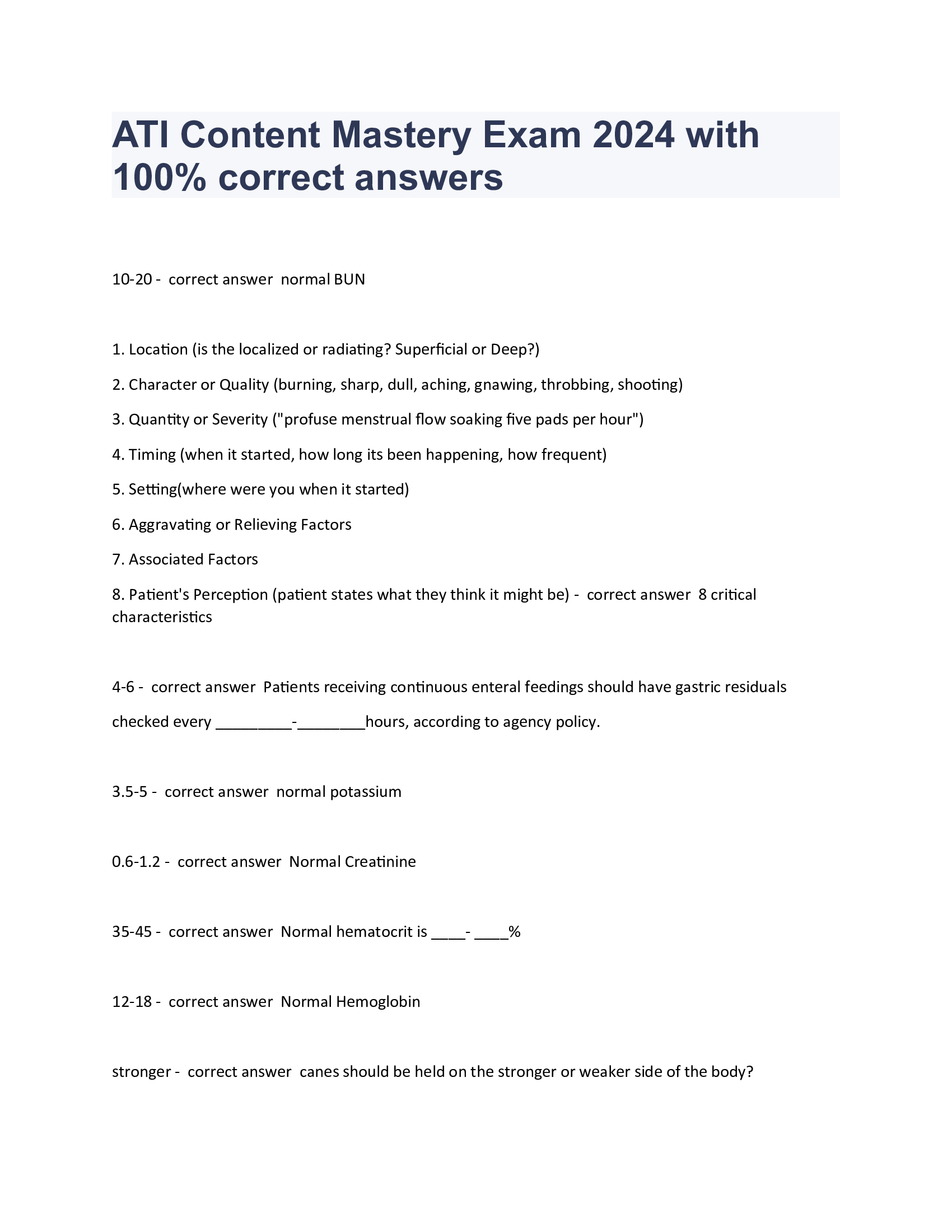 ATI Content Mastery Exam 2024 with 100 Percent correct answers