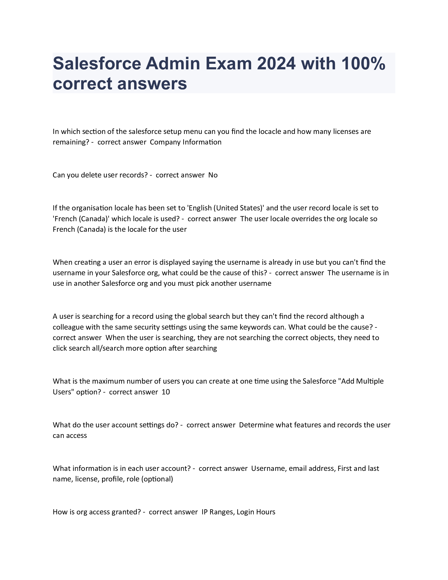 Salesforce Admin Exam 2024 with 100 Percent correct answers