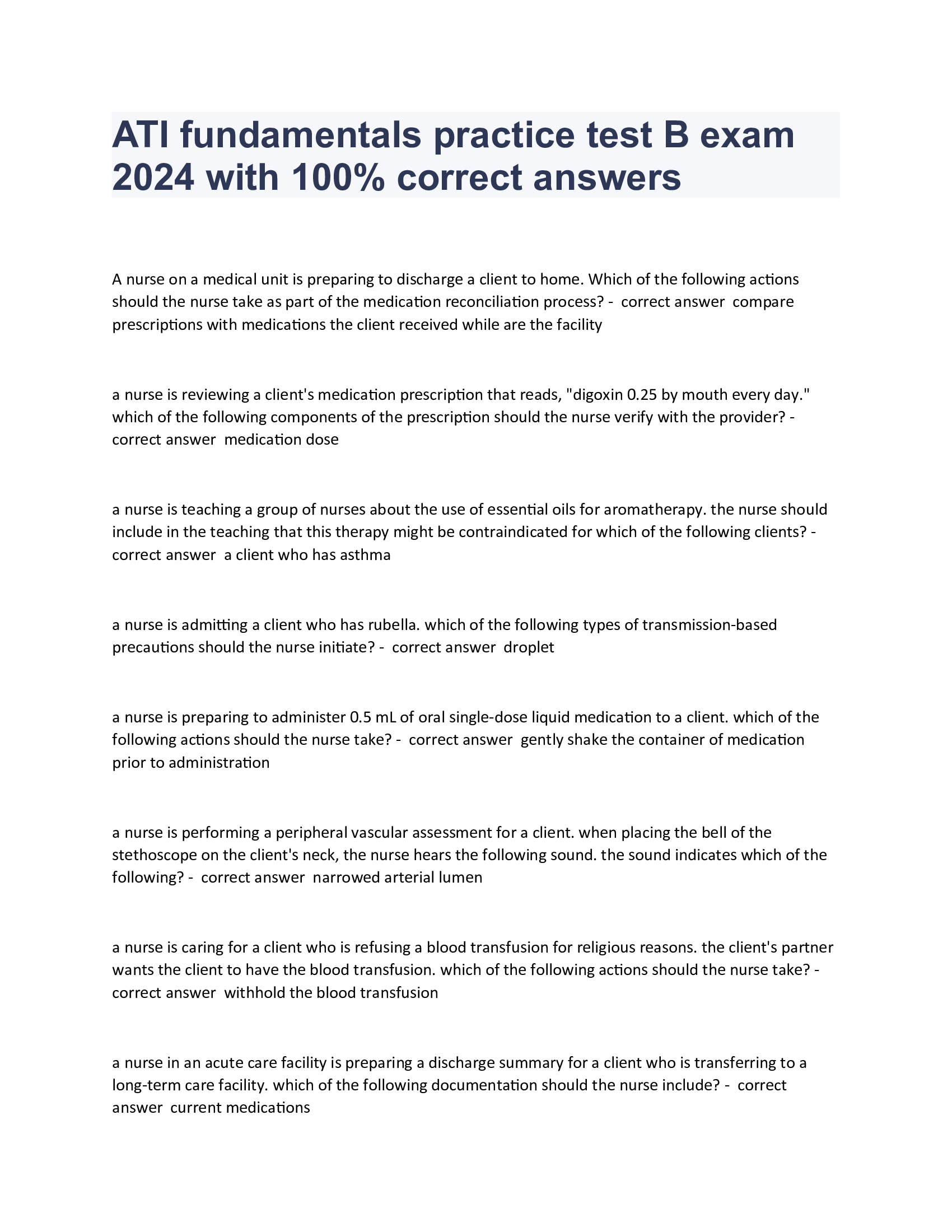 ATI Fundamentals Practice Test B exam 2024 with 100% correct answers