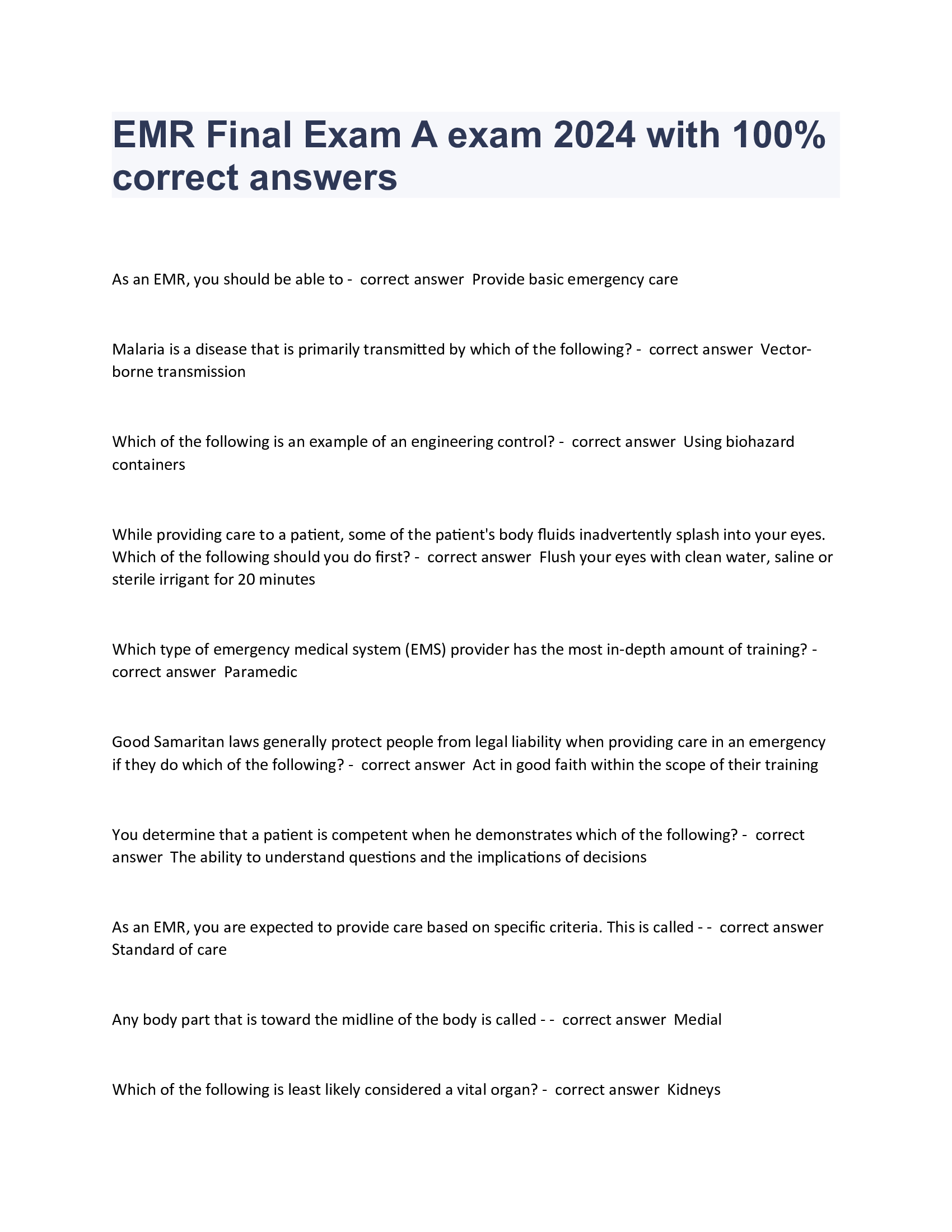 EMR Final Exam A exam 2024 with 100 Percent correct answers