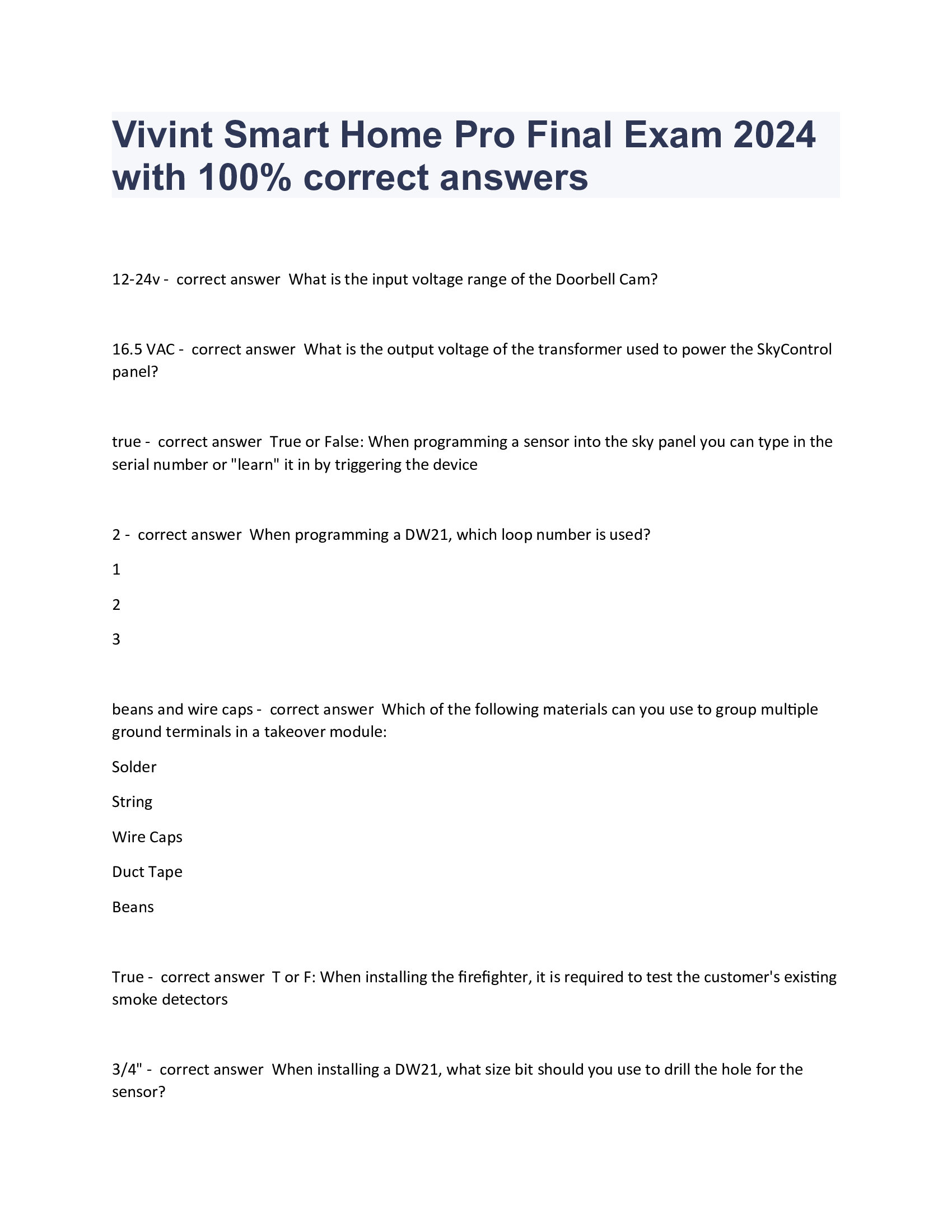 Vivint Smart Home Pro Final Exam 2024 with 100 Percent correct answers