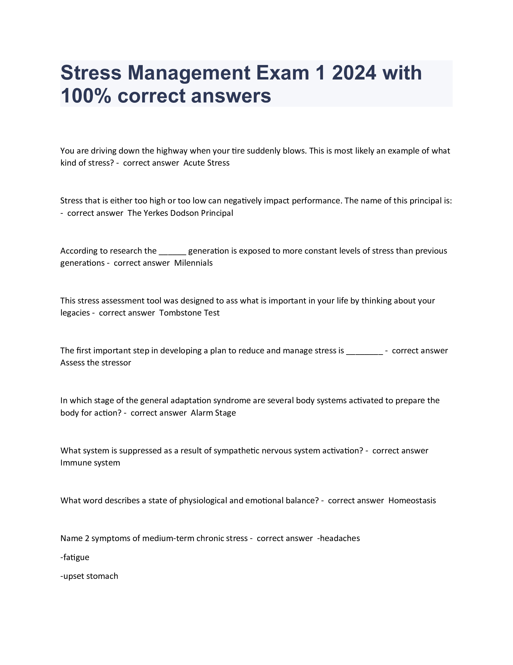 Stress Management Exam 1 2024 with 100 Percent correct answers