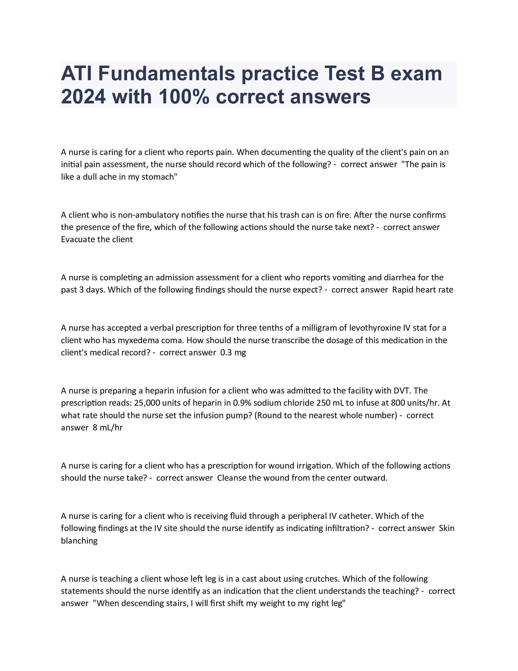 ATI fundamentals practice test B exam 2024 with 100% correct answers