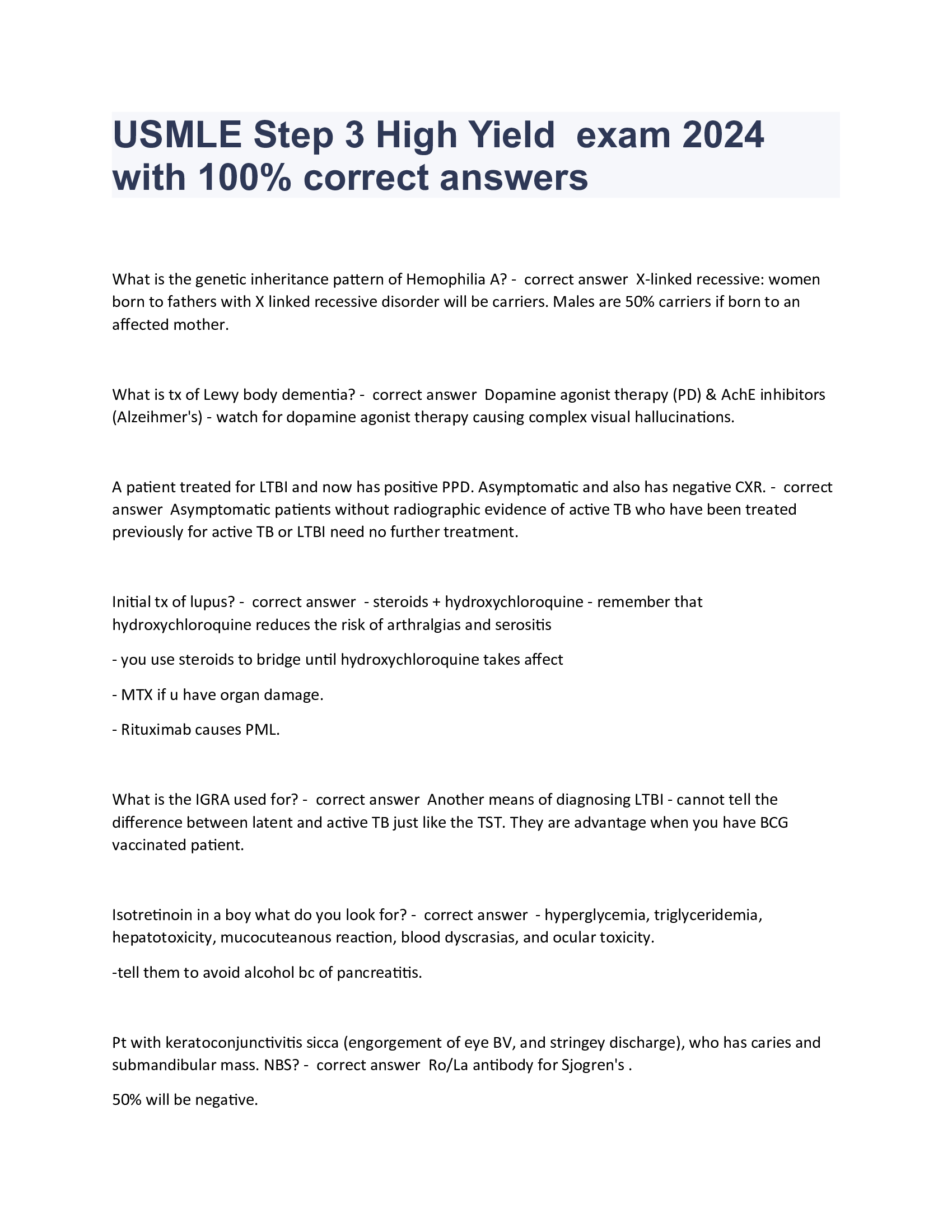 USMLE Step 3 High Yield  exam 2024 with 100 Percent correct answers
