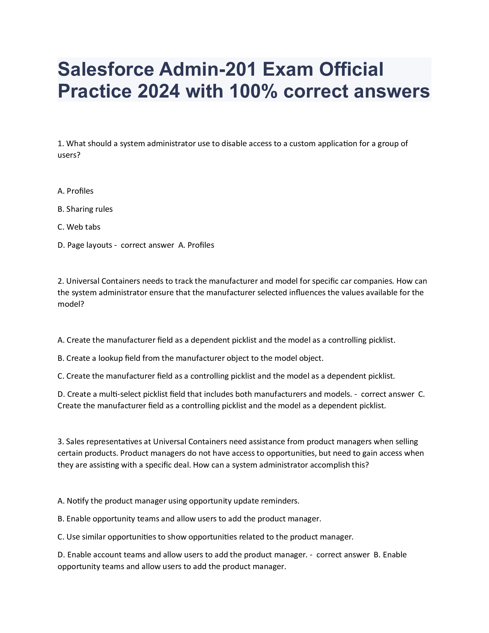 Salesforce Admin-201 Exam Official Practice 2024 with 100% correct answers