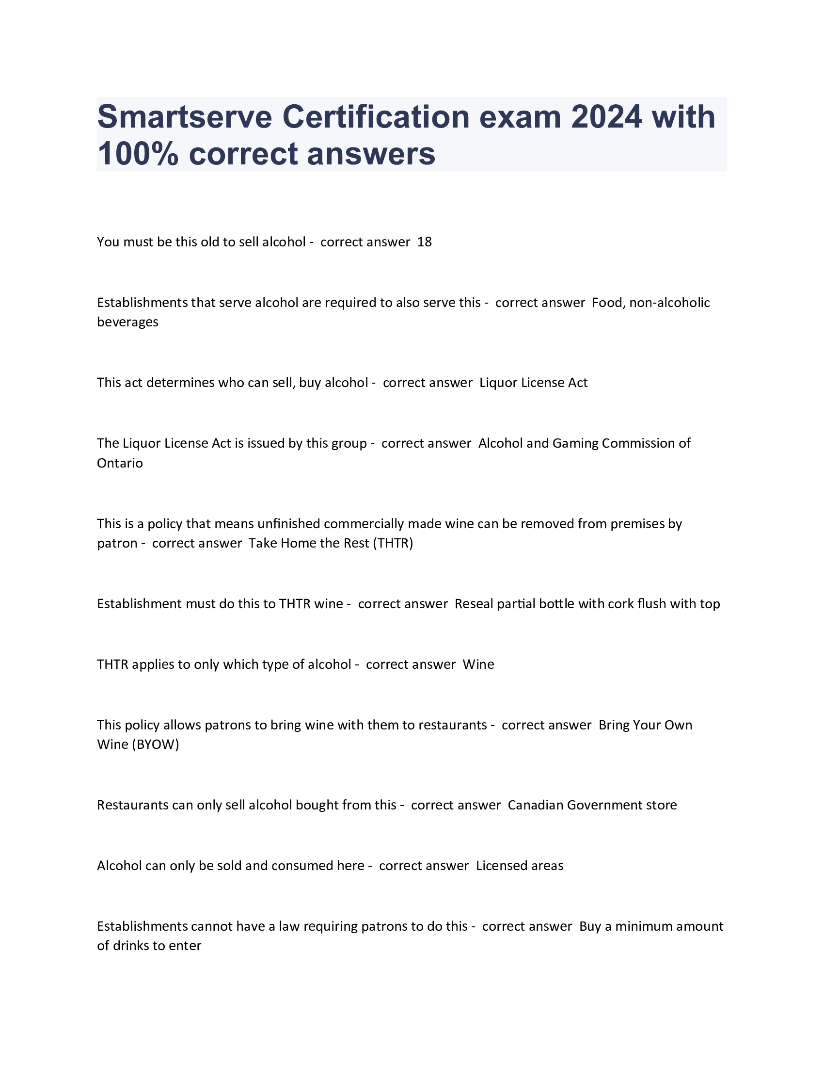 Smartserve Certification exam 2024 with 100 Percent correct answers