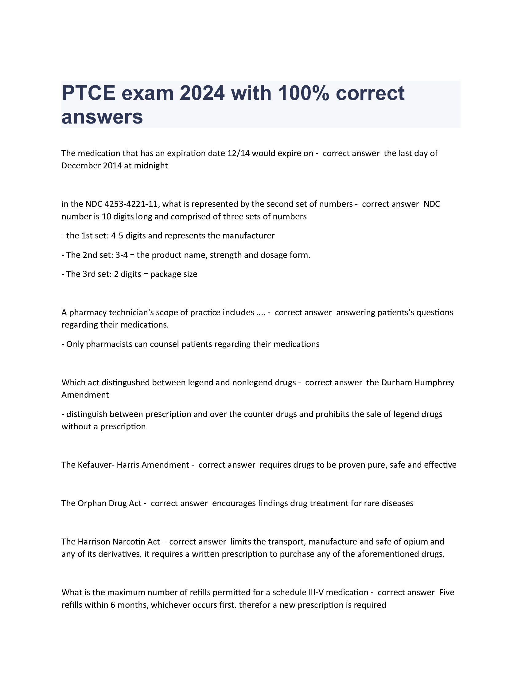 PTCE exam with 100 Percent correct answers 2024