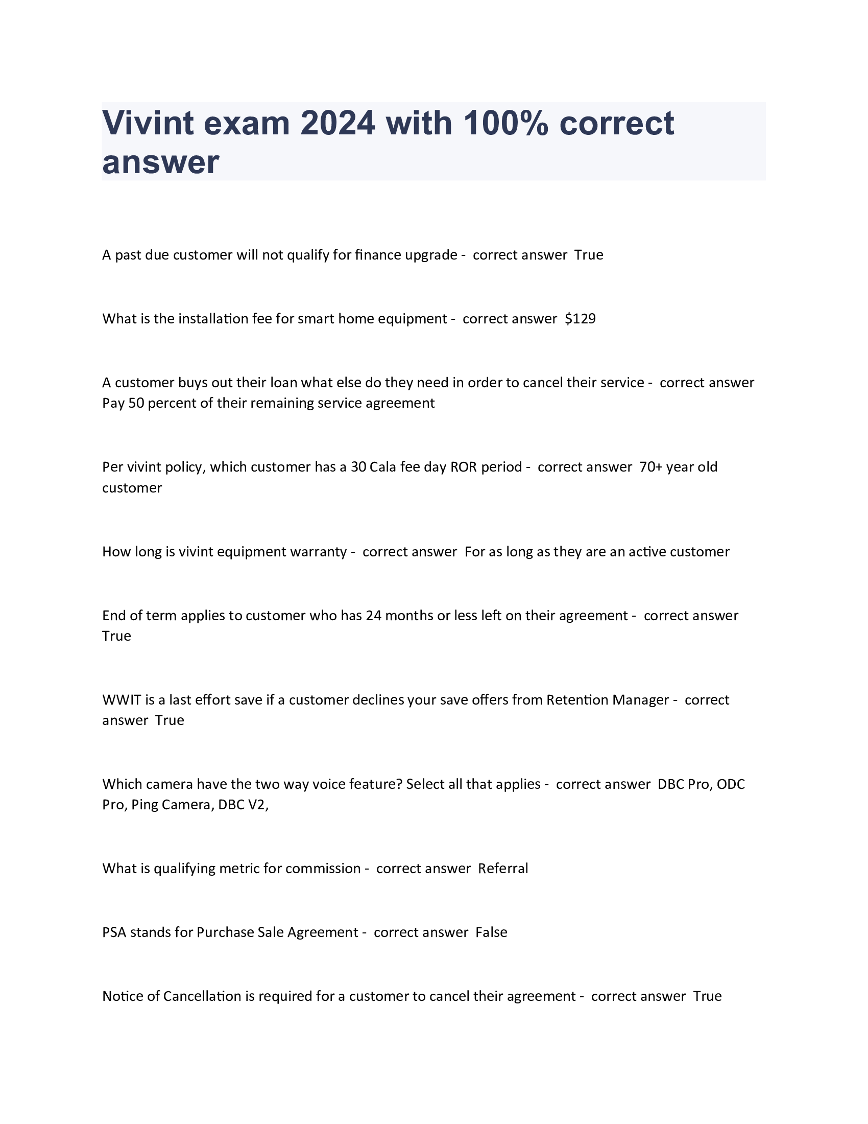 Vivint exam 2024 with 100 Percent correct answer