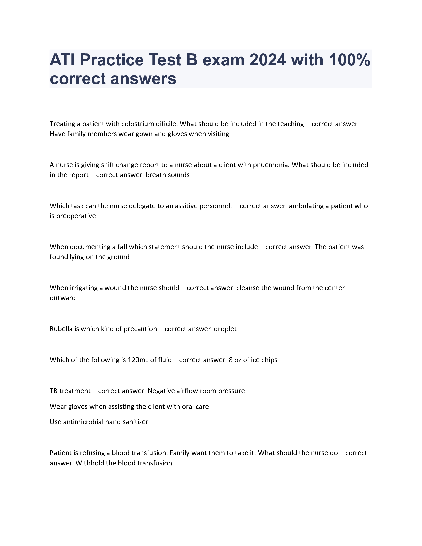 ATI Practice Test B exam 2024 with 100 Percent correct answers