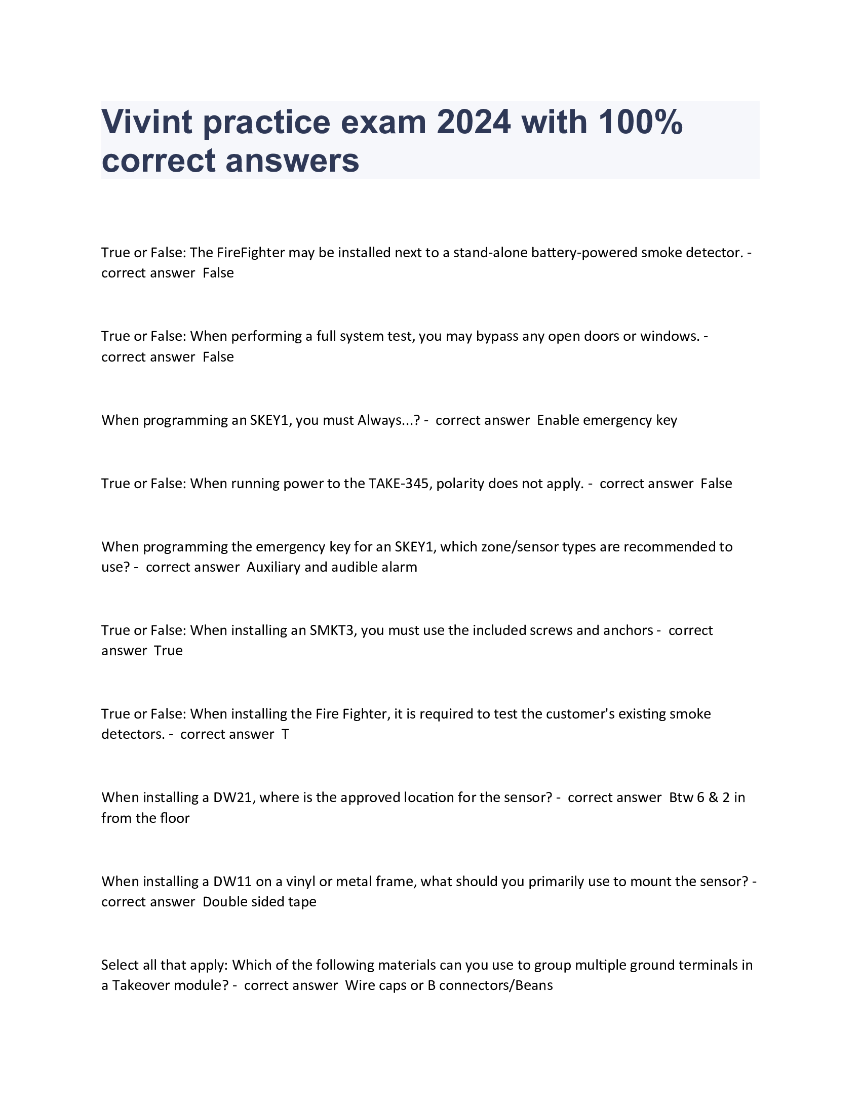 Vivint practice exam 2024 with 100 Percent correct answers