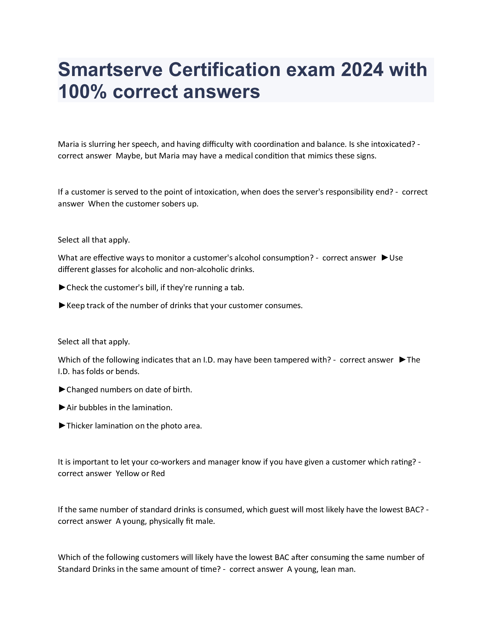 Smartserve exam with 100 Percent correct answers 2024