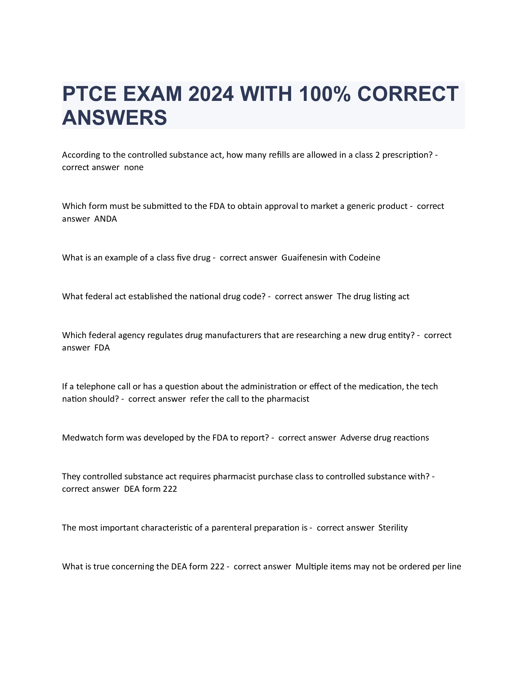 PTCE EXAM 2024 WITH 100 Percent CORRECT ANSWERS