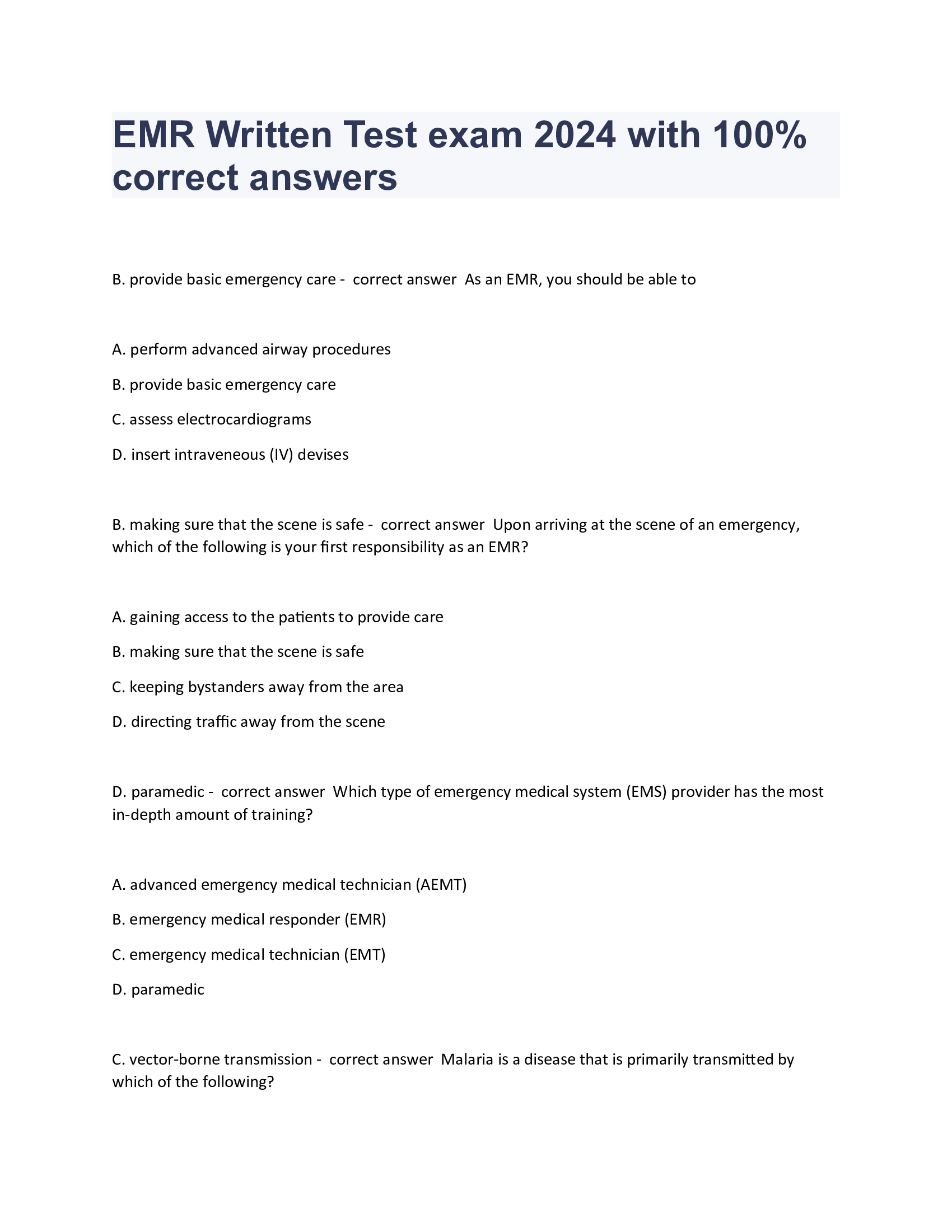 EMR Written Test exam 2024 with 100 Percent correct answers
