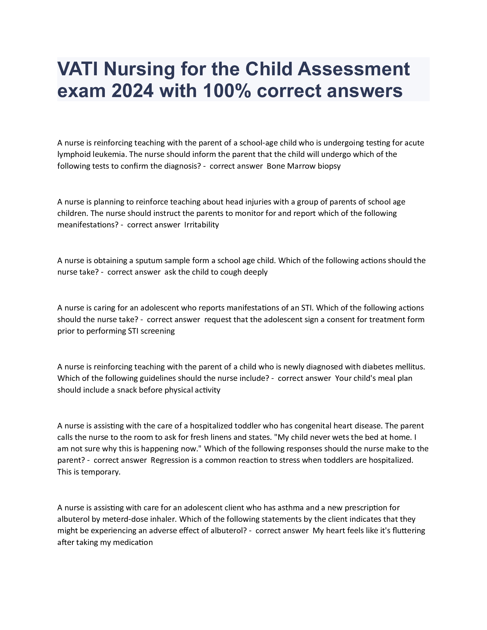 VATI Nursing for the Child Assessment exam 2024 with 100% correct answers